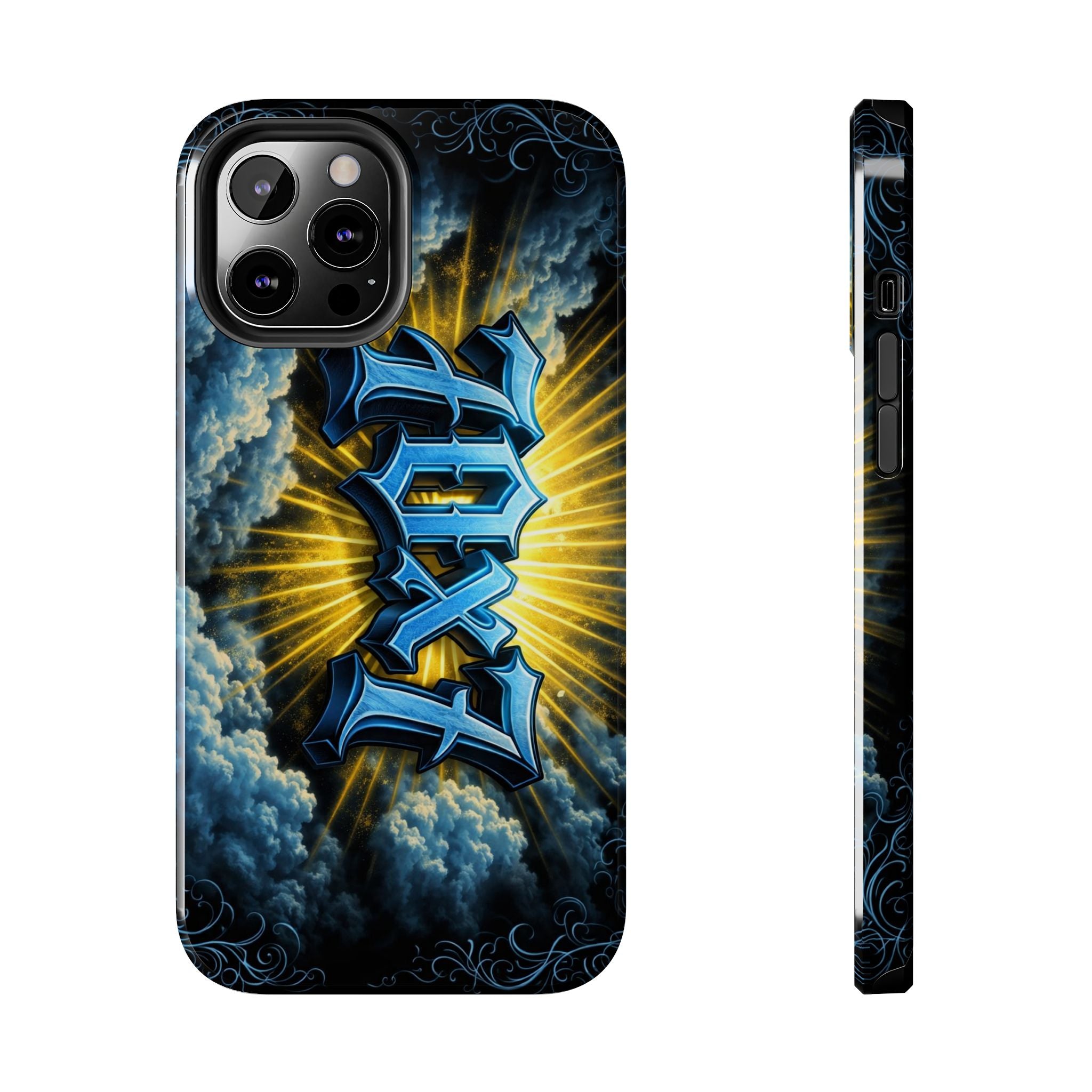 70x7 Streetwear - Tough Phone Case — Bold Blue Graffiti Name with Sunburst Clouds