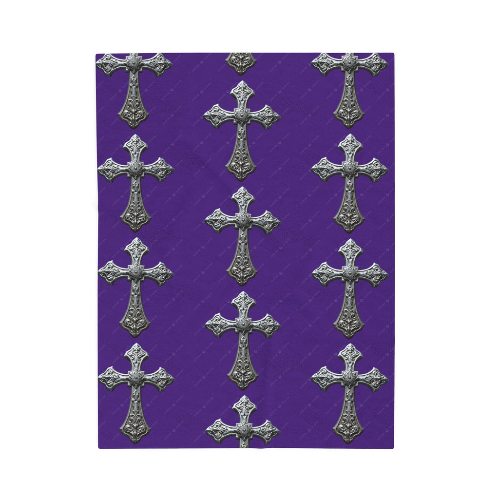 Velveteen Plush Blanket — Gothic Silver Cross Pattern on Purple