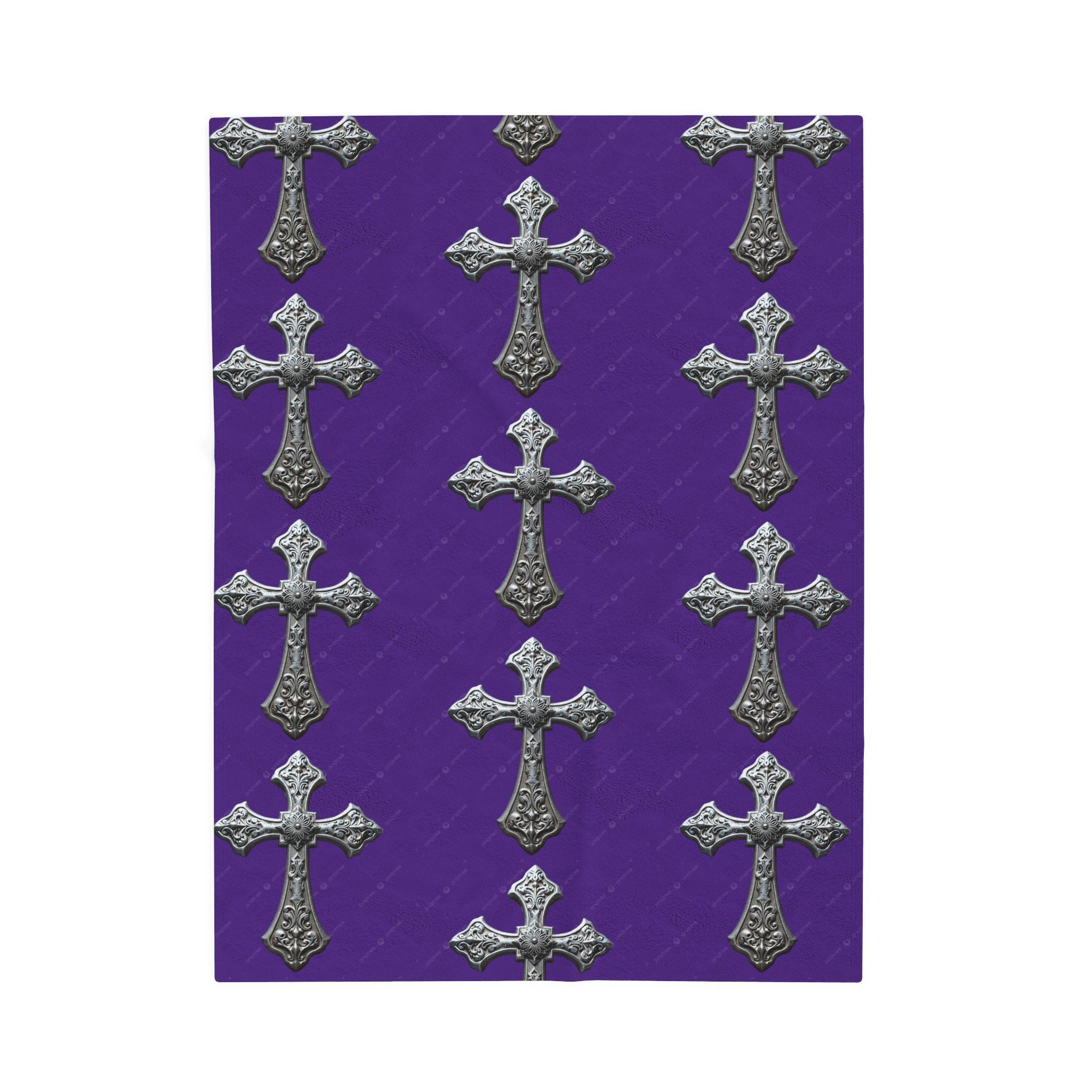 Velveteen Plush Blanket — Gothic Silver Cross Pattern on Purple