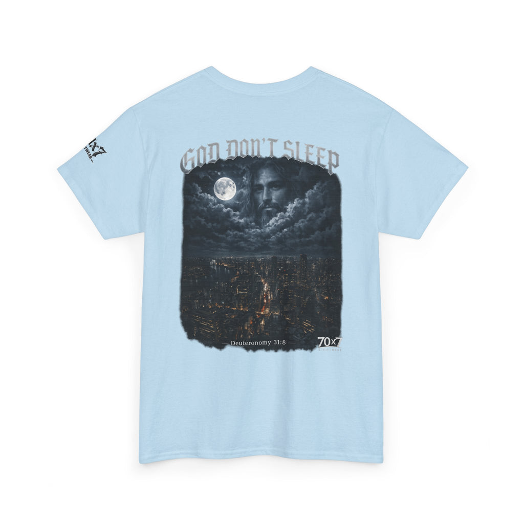 70x7 Streetwear - God Don't Sleep Graphic Tee — Night Cityscape Streetwear