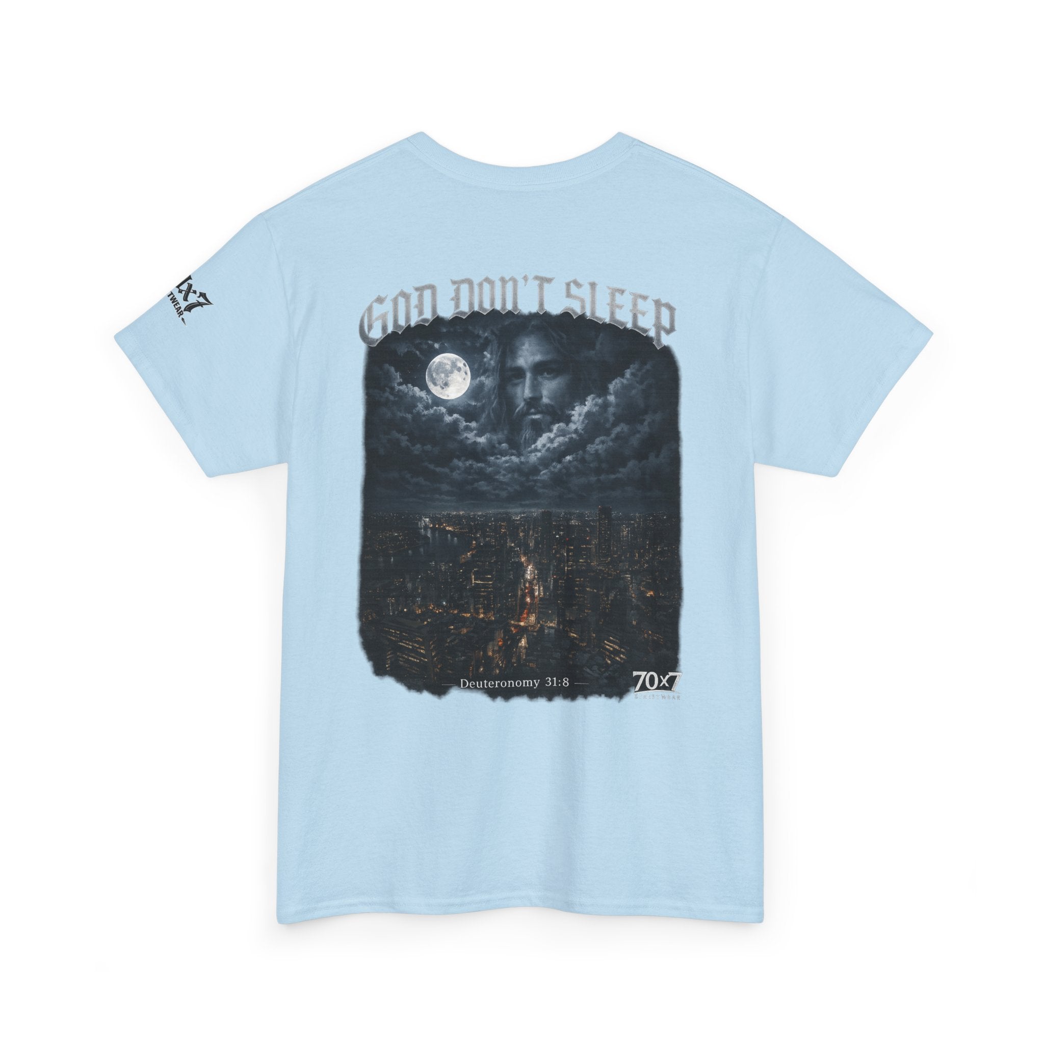 70x7 Streetwear - God Don't Sleep Graphic Tee — Night Cityscape Streetwear