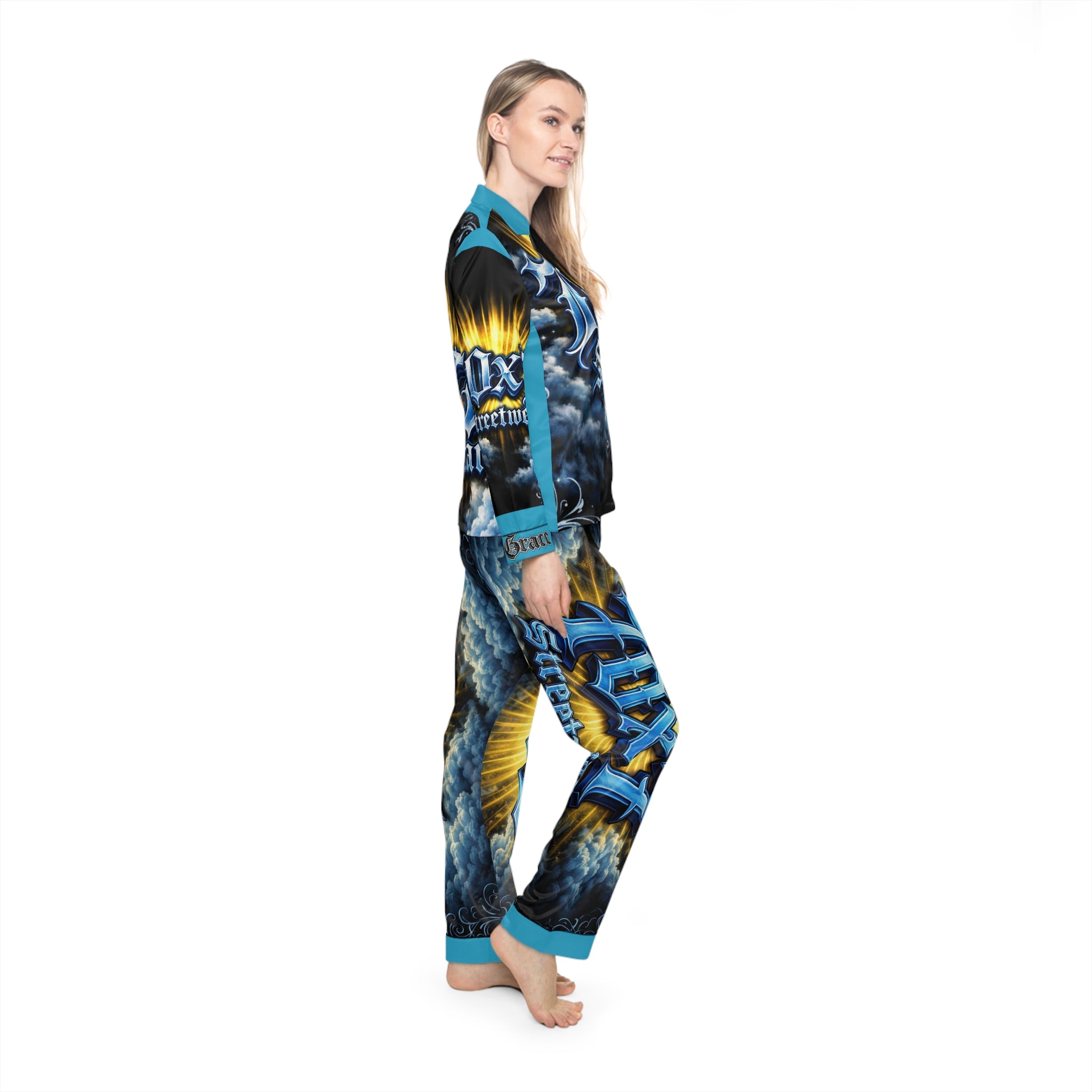 Satin Pajamas — Blue & Gold 'Streetwear' Graphic Sleep Set