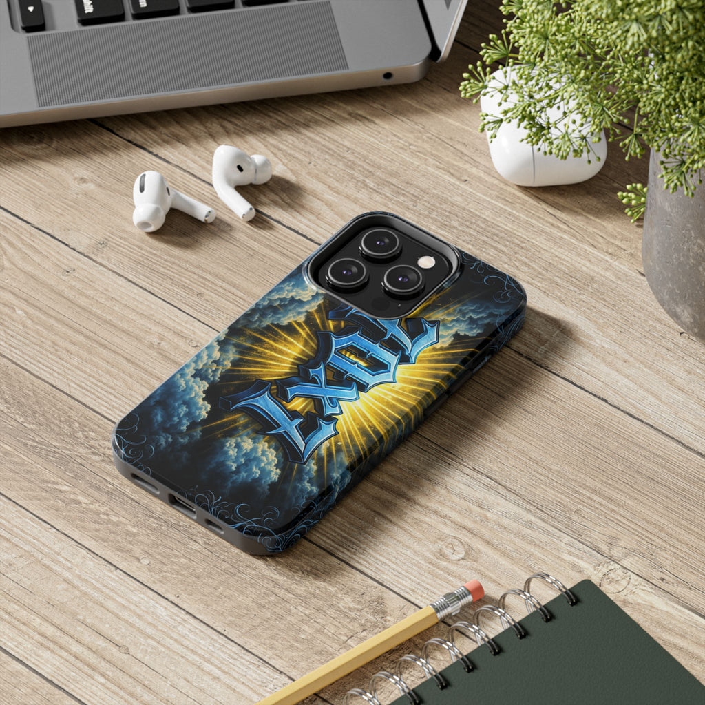 70x7 Streetwear - Tough Phone Case — Bold Blue Graffiti Name with Sunburst Clouds