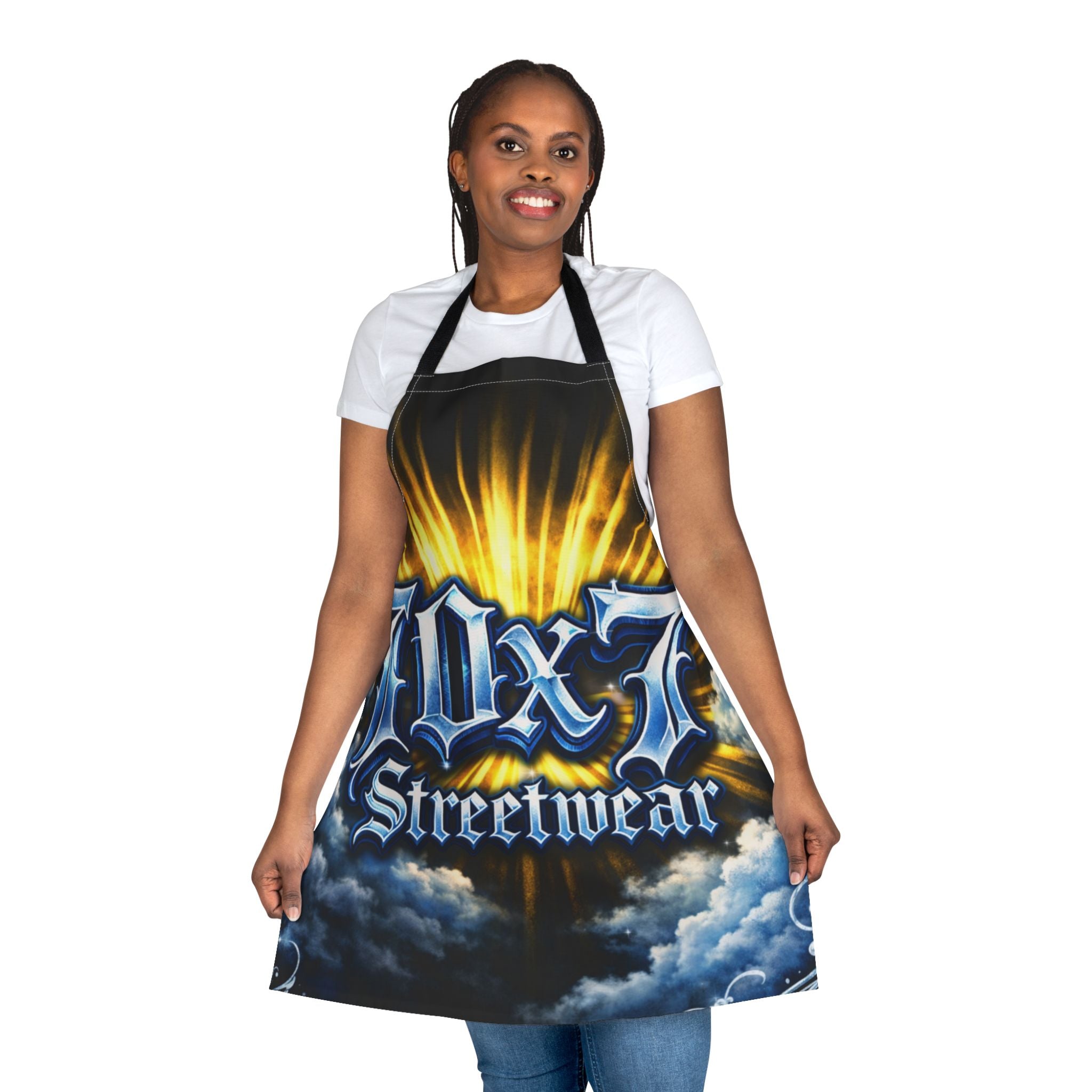 70x7 Streetwear Graphic Apron with Sunburst Clouds Design