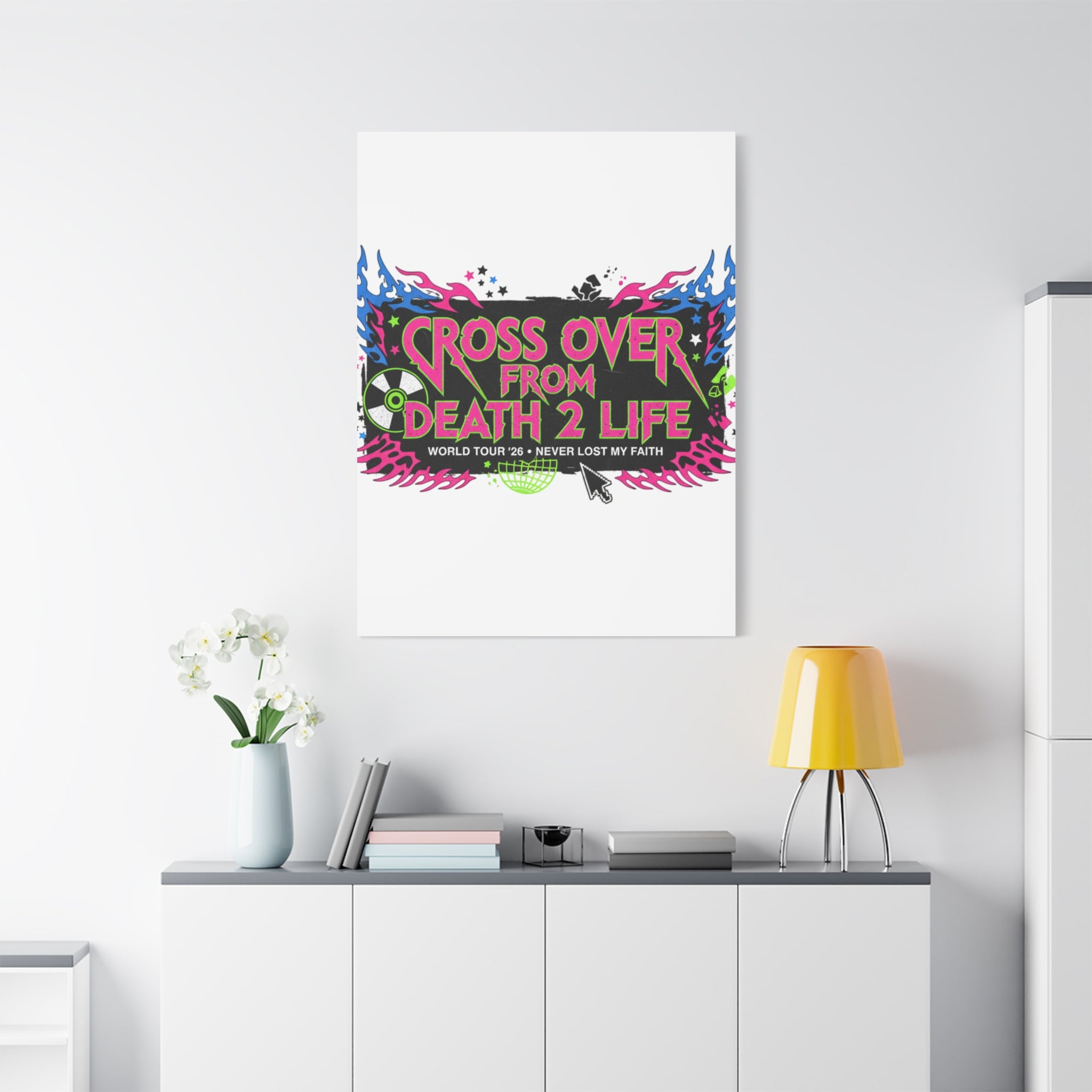 Canvas Wall Art — “Cross Over From Death 2 Life” Neon Rock Poster