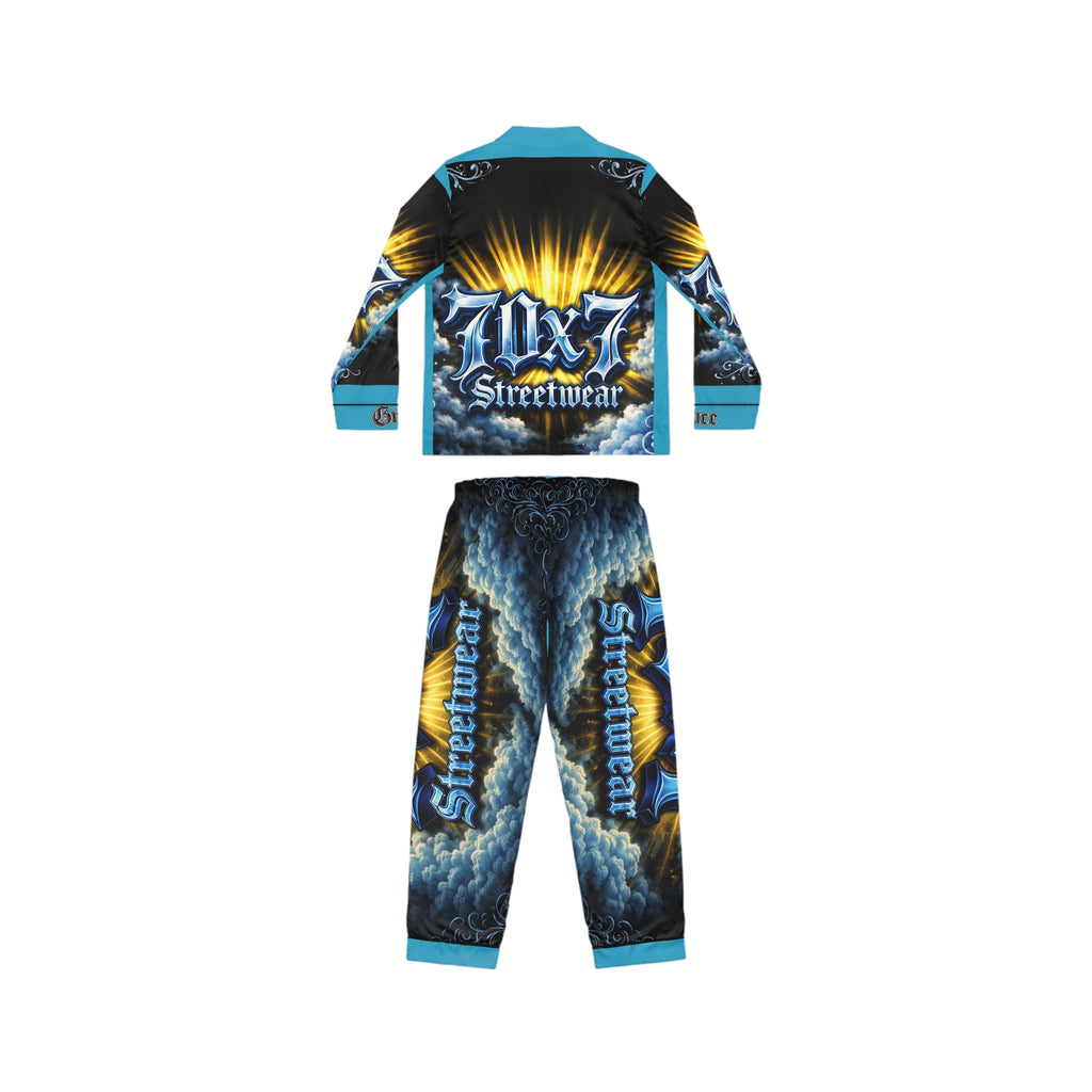 Satin Pajamas — Blue & Gold 'Streetwear' Graphic Sleep Set