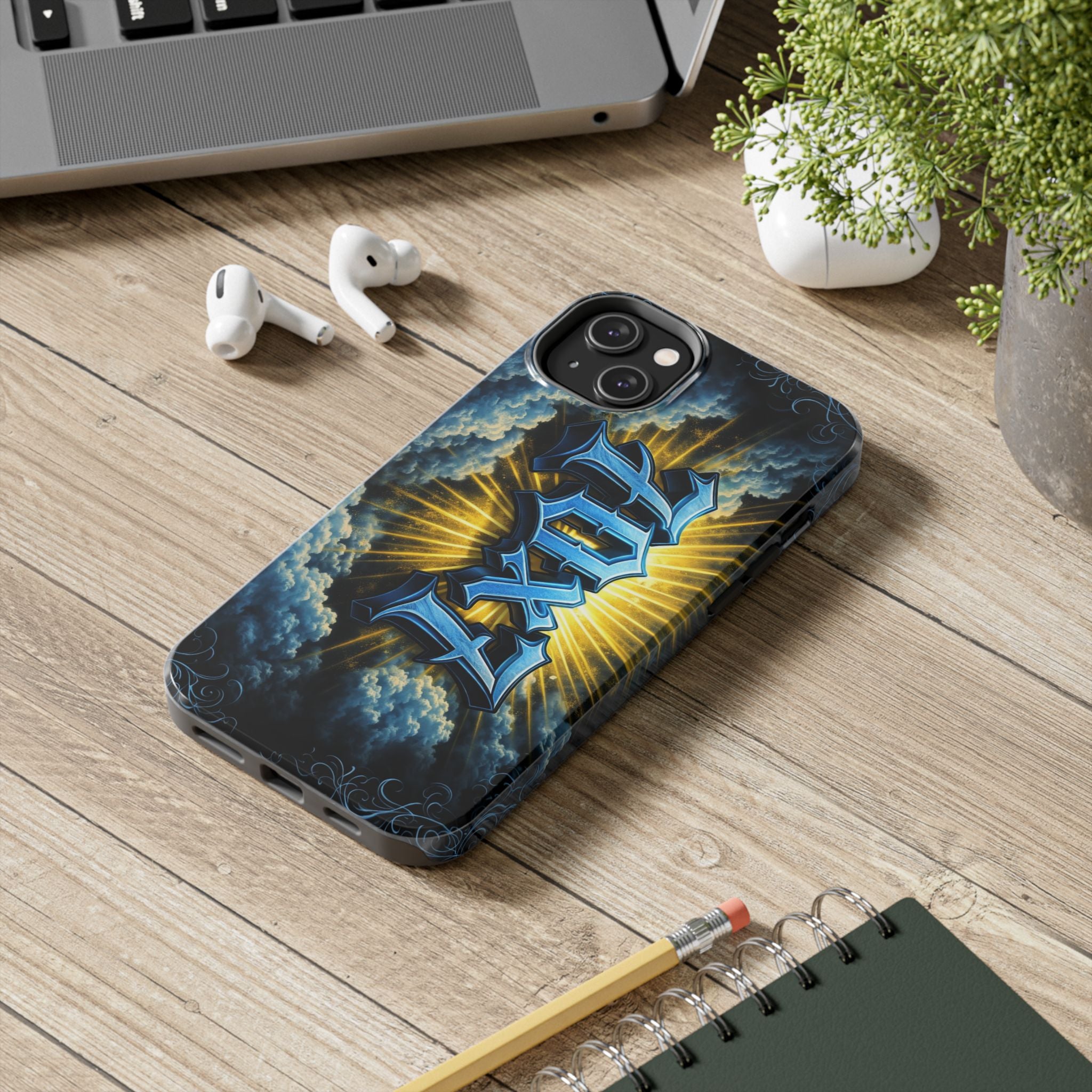 70x7 Streetwear - Tough Phone Case — Bold Blue Graffiti Name with Sunburst Clouds