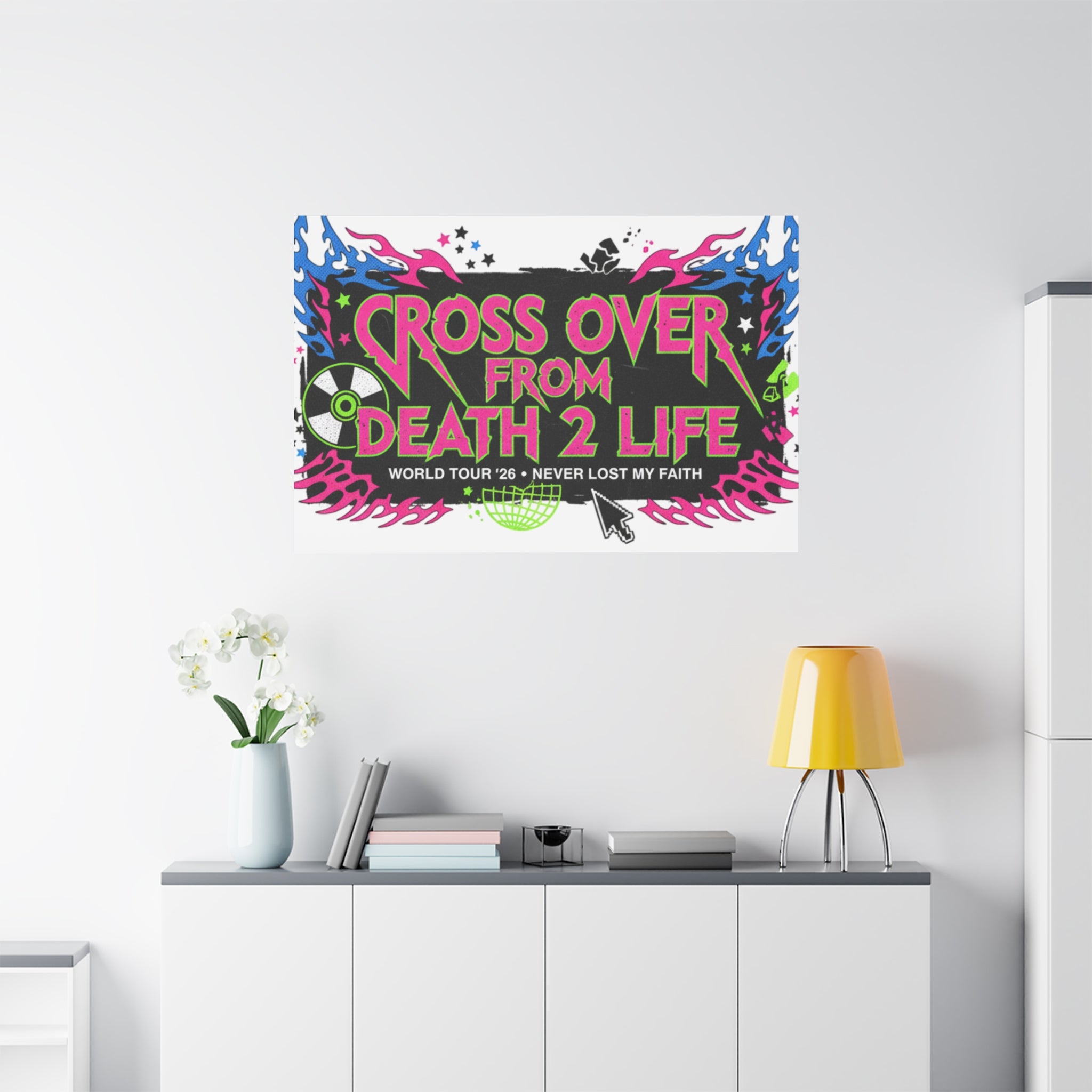 Canvas Wall Art — “Cross Over From Death 2 Life” Neon Rock Poster