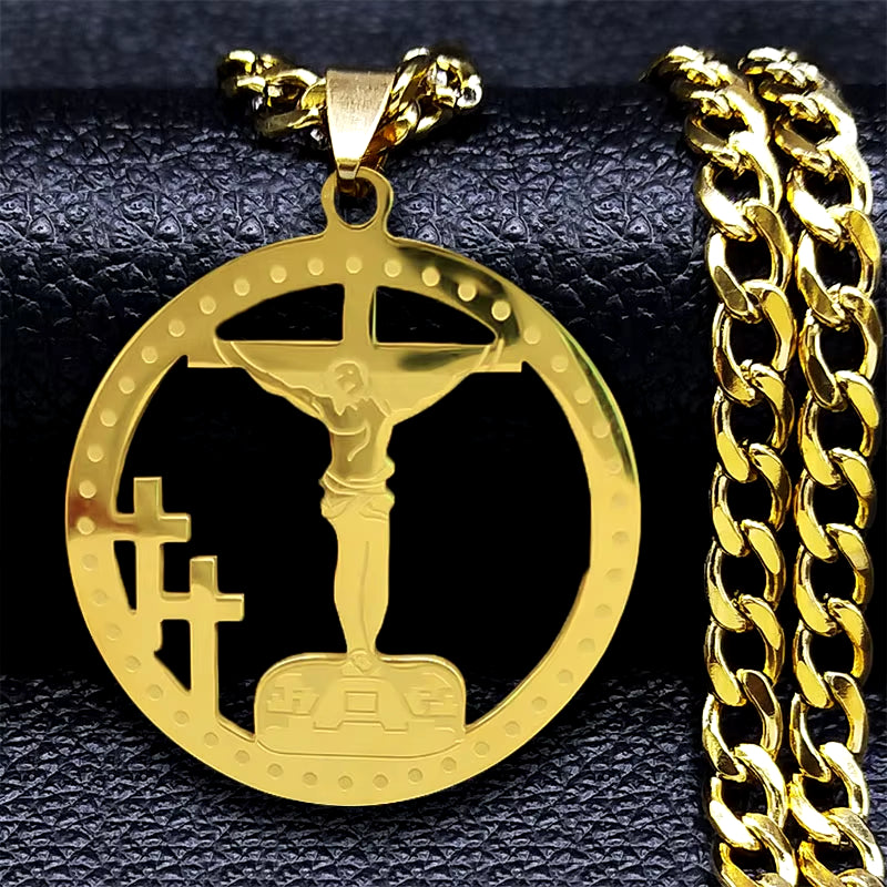 2024 Hip Hop Cross Jesus Stainless Steel Necklace Gold Color Long Crucifix Necklace Women/Men Jewelry Colar De Cruz N6030S05
