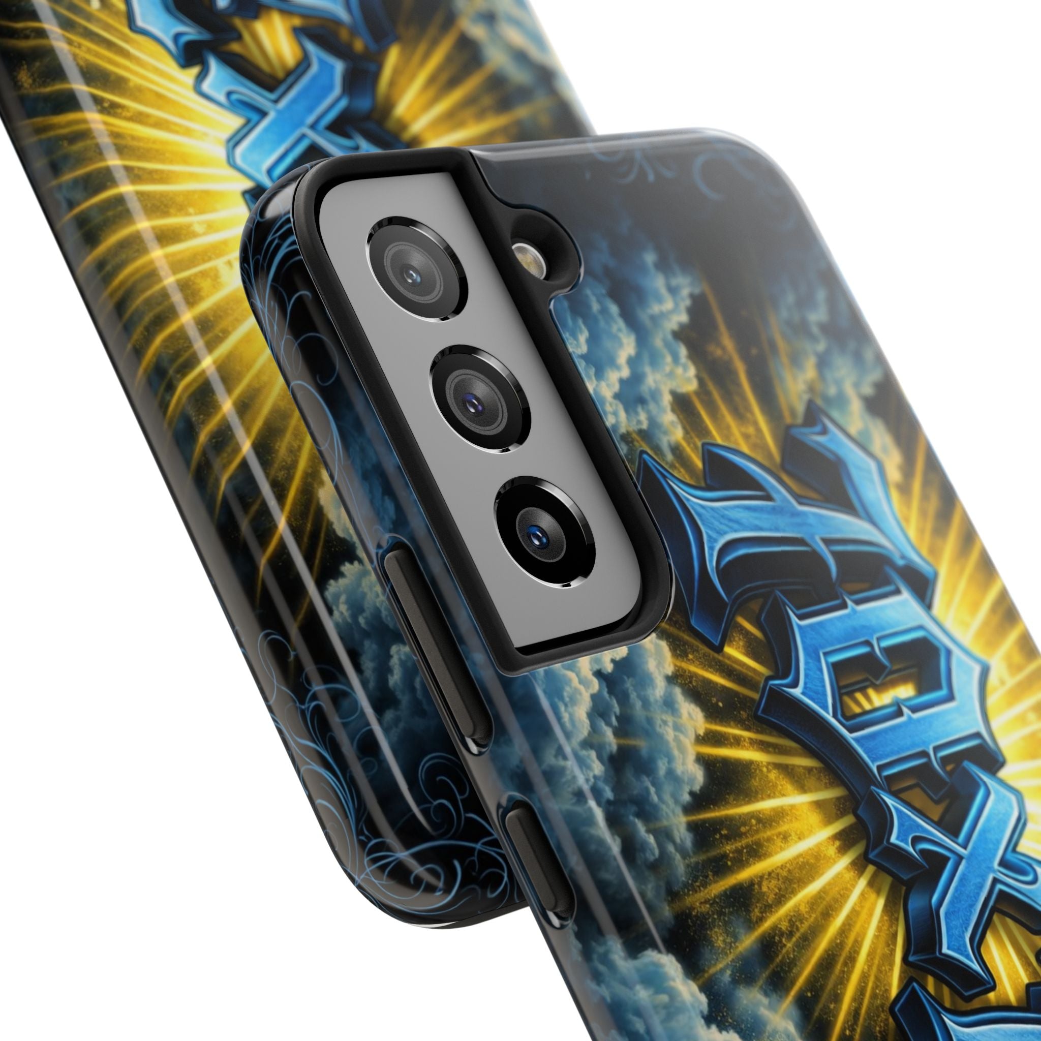 70x7 Streetwear - Tough Phone Case — Bold Blue Graffiti Name with Sunburst Clouds