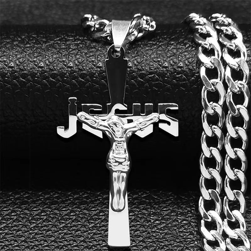 2024 Hip Hop Cross Jesus Stainless Steel Necklace Gold Color Long Crucifix Necklace Women/Men Jewelry Colar De Cruz N6030S05