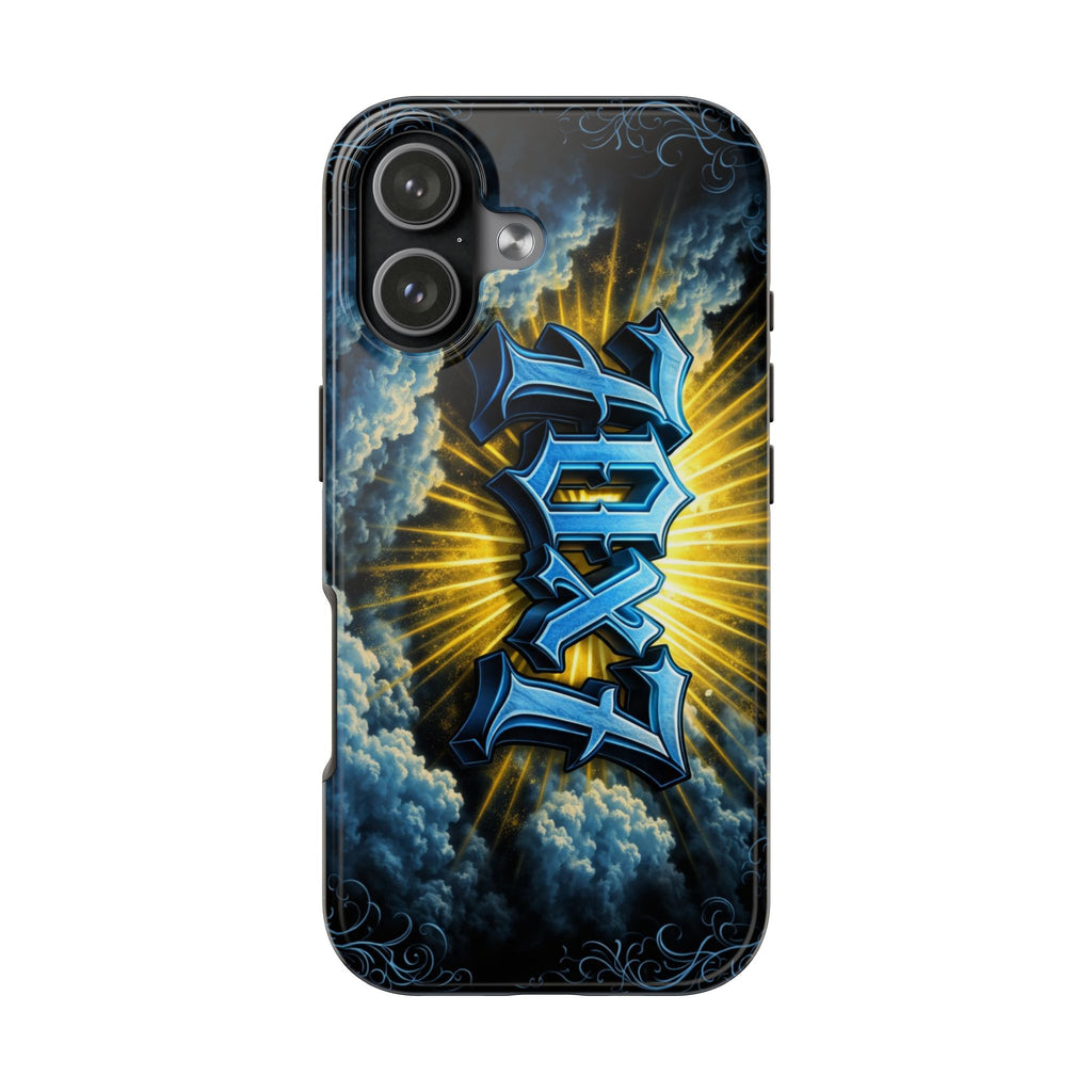 70x7 Streetwear - Tough Phone Case — Bold Blue Graffiti Name with Sunburst Clouds