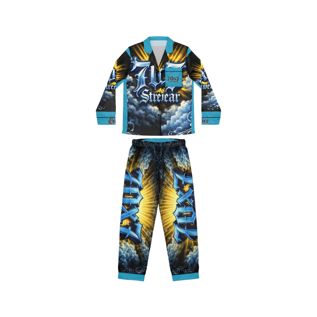 Satin Pajamas — Blue & Gold 'Streetwear' Graphic Sleep Set