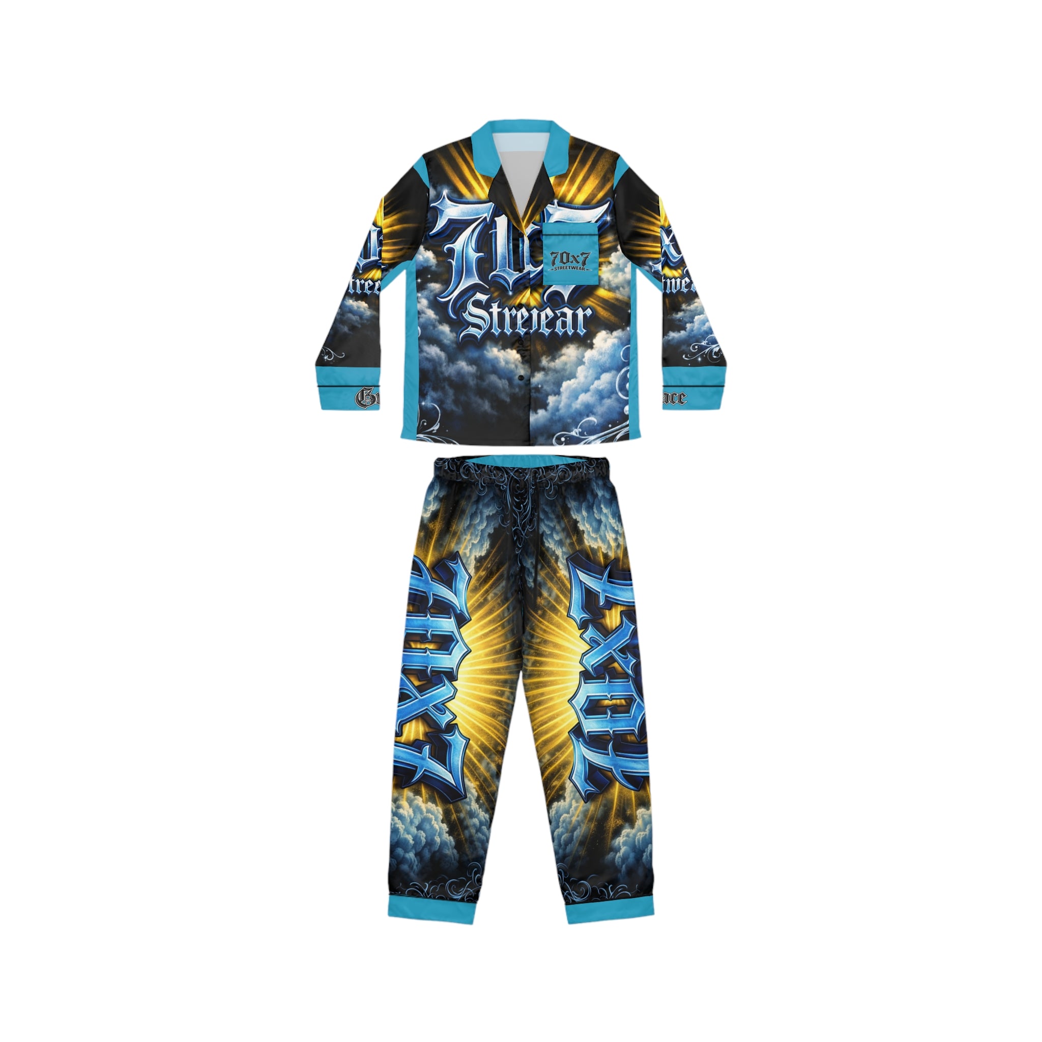 Satin Pajamas — Blue & Gold 'Streetwear' Graphic Sleep Set