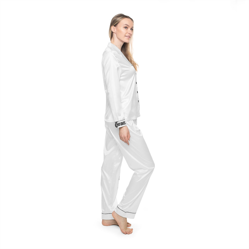 70x7 Streetwear Logo Satin Pajamas — White Lux Streetwear Sleep Set
