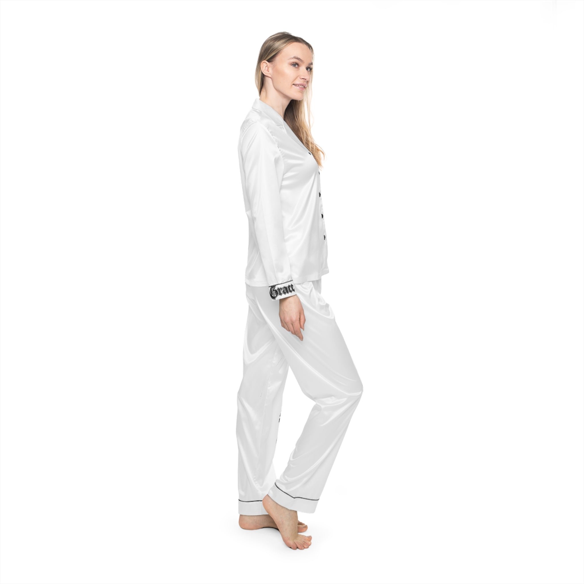 70x7 Streetwear Logo Satin Pajamas — White Lux Streetwear Sleep Set