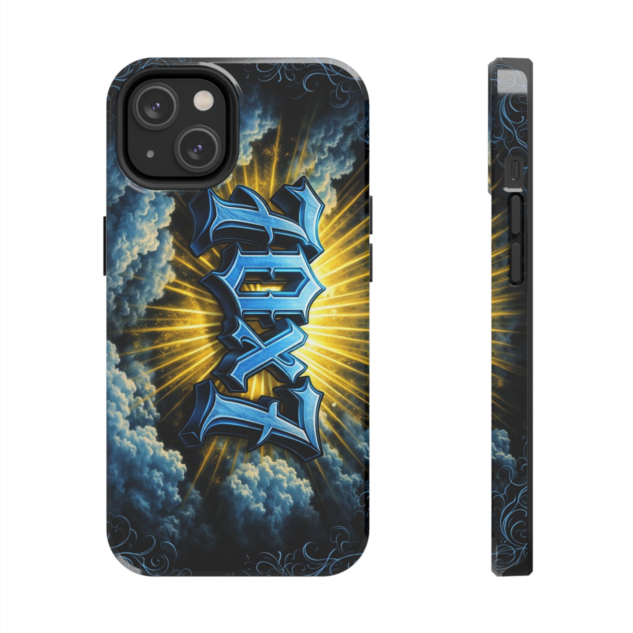 70x7 Streetwear - Tough Phone Case — Bold Blue Graffiti Name with Sunburst Clouds
