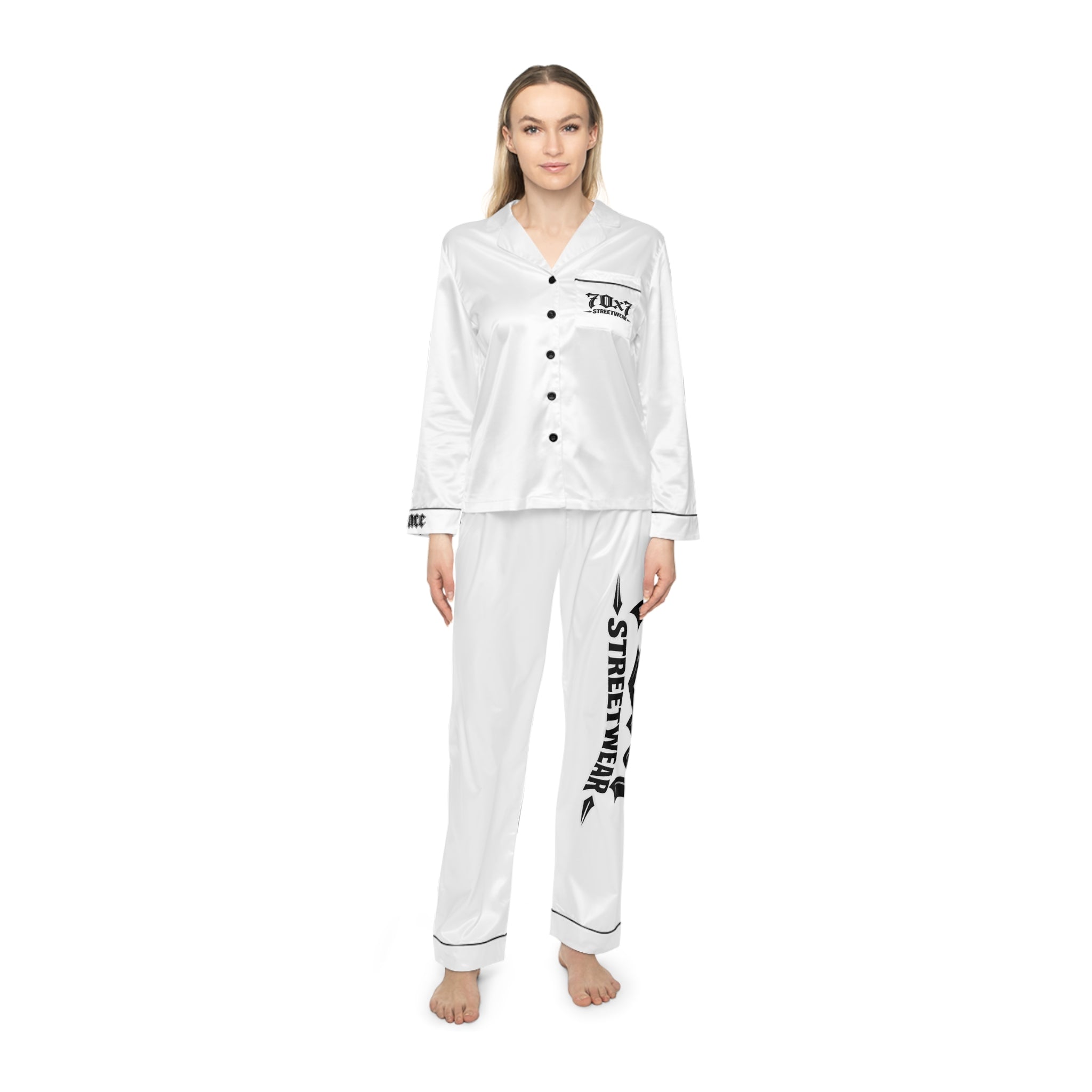 70x7 Streetwear Logo Satin Pajamas — White Lux Streetwear Sleep Set