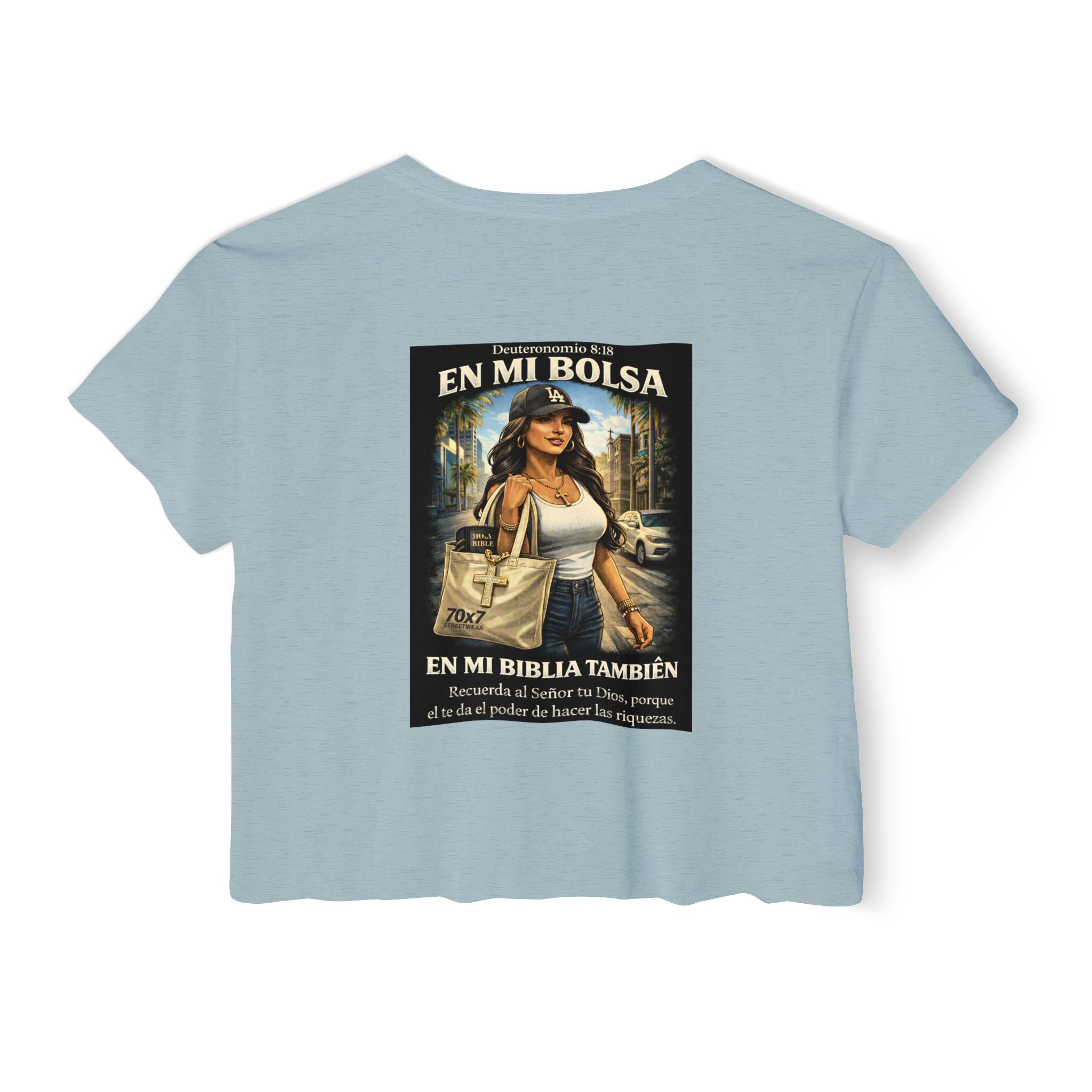 Women's Crop Top — "En Mi Bolsa, En Mi Biblia También" 70 x7 Streetwear Graphic
