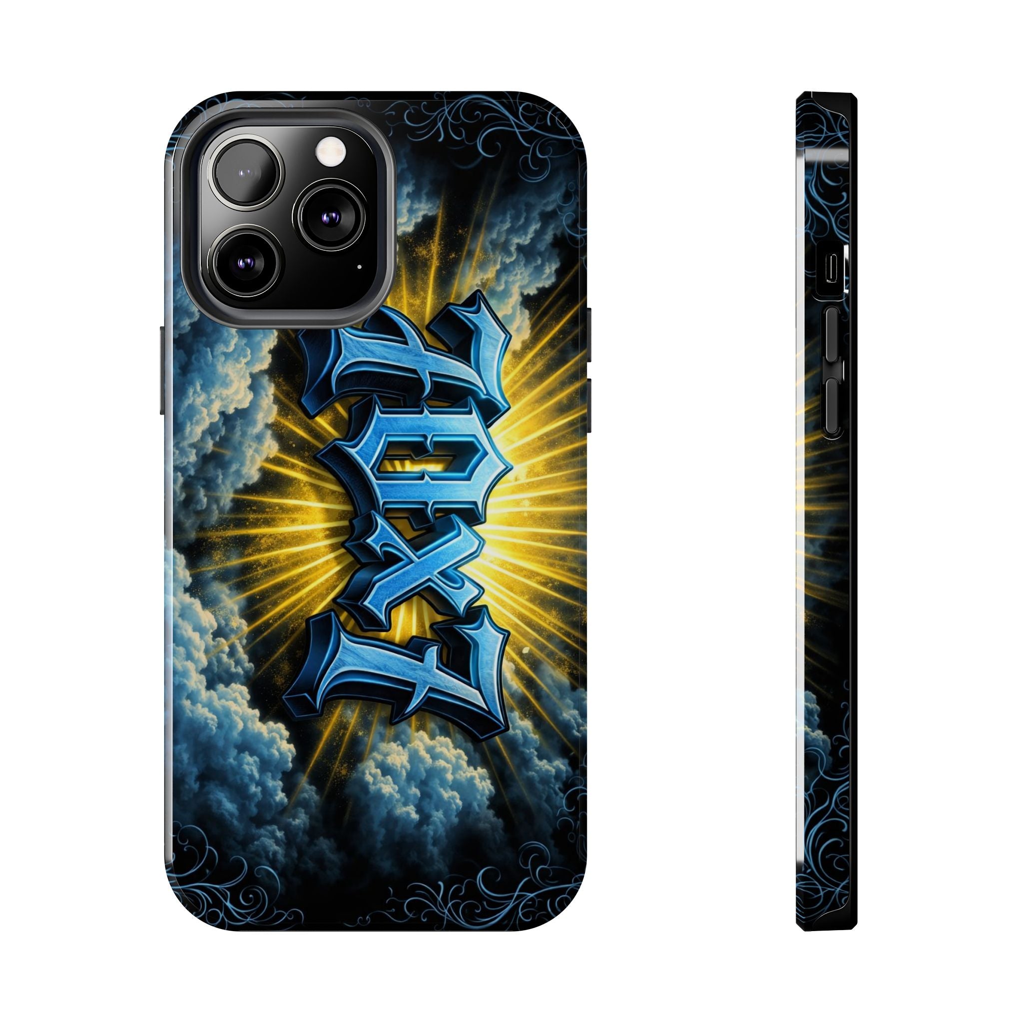 70x7 Streetwear - Tough Phone Case — Bold Blue Graffiti Name with Sunburst Clouds