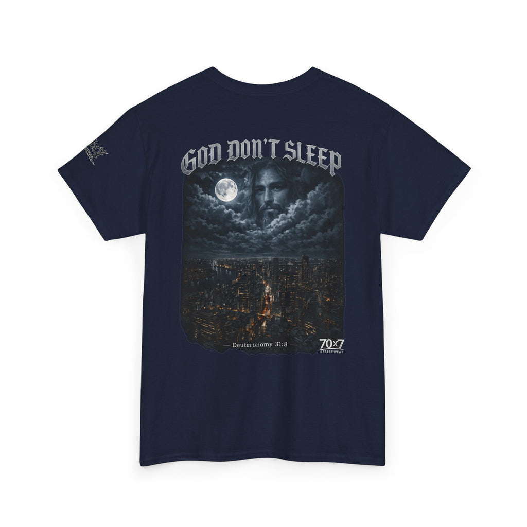 70x7 Streetwear - God Don't Sleep Graphic Tee — Night Cityscape Streetwear