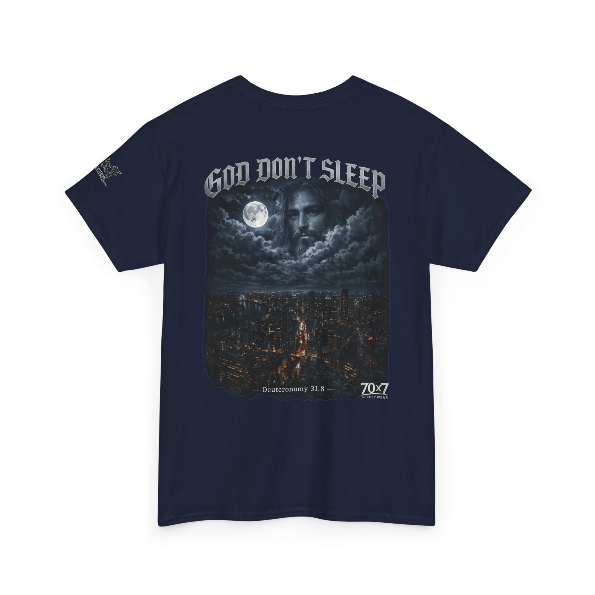 70x7 Streetwear - God Don't Sleep Graphic Tee — Night Cityscape Streetwear