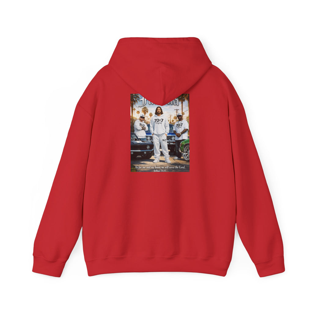70x7 Streetwear Familia Hoodie — Graphic White Pullover with Back Album-Style Print