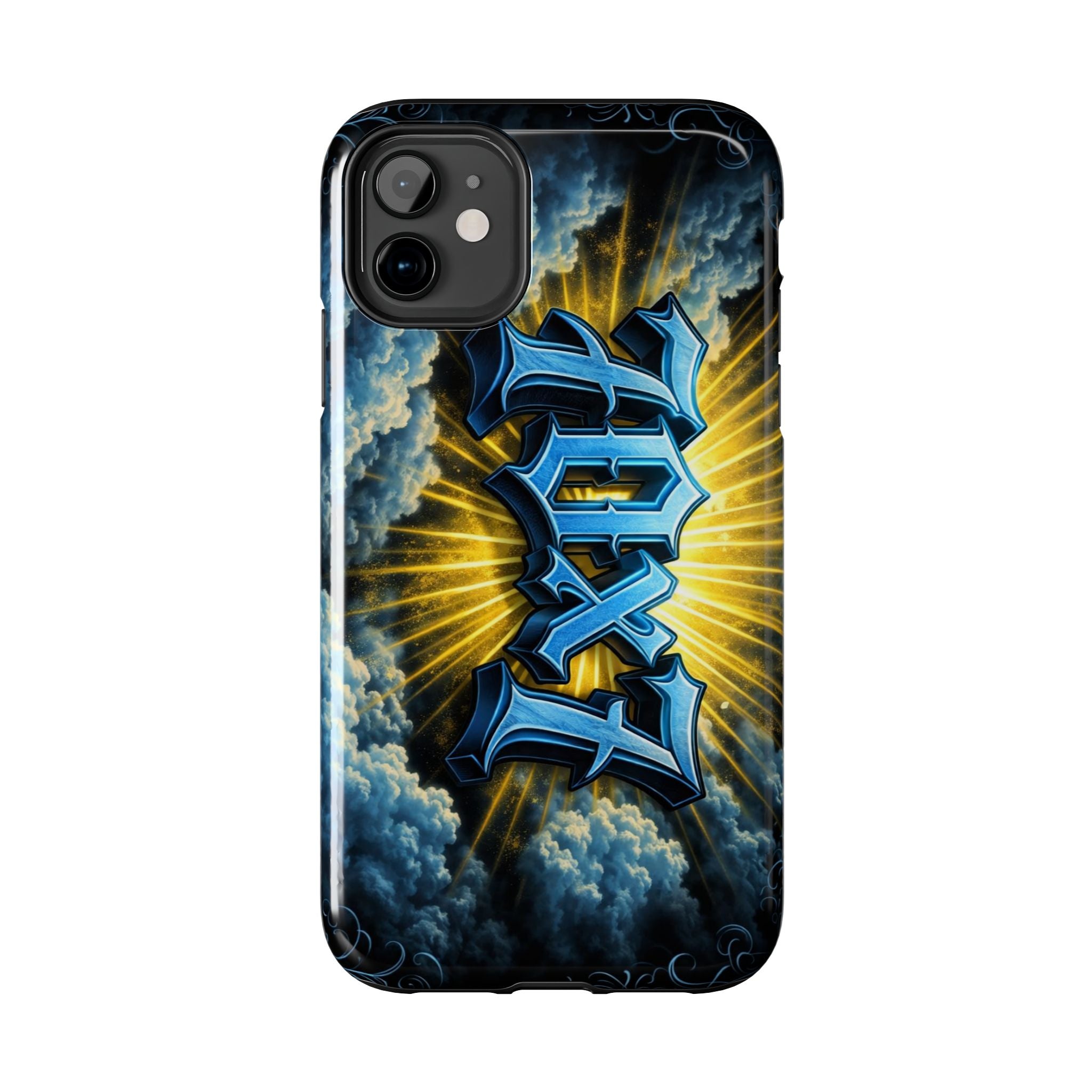 70x7 Streetwear - Tough Phone Case — Bold Blue Graffiti Name with Sunburst Clouds