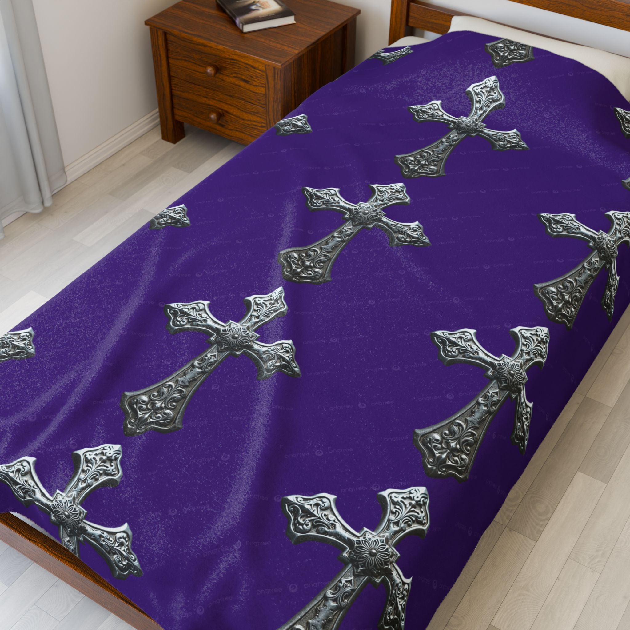 Velveteen Plush Blanket — Gothic Silver Cross Pattern on Purple