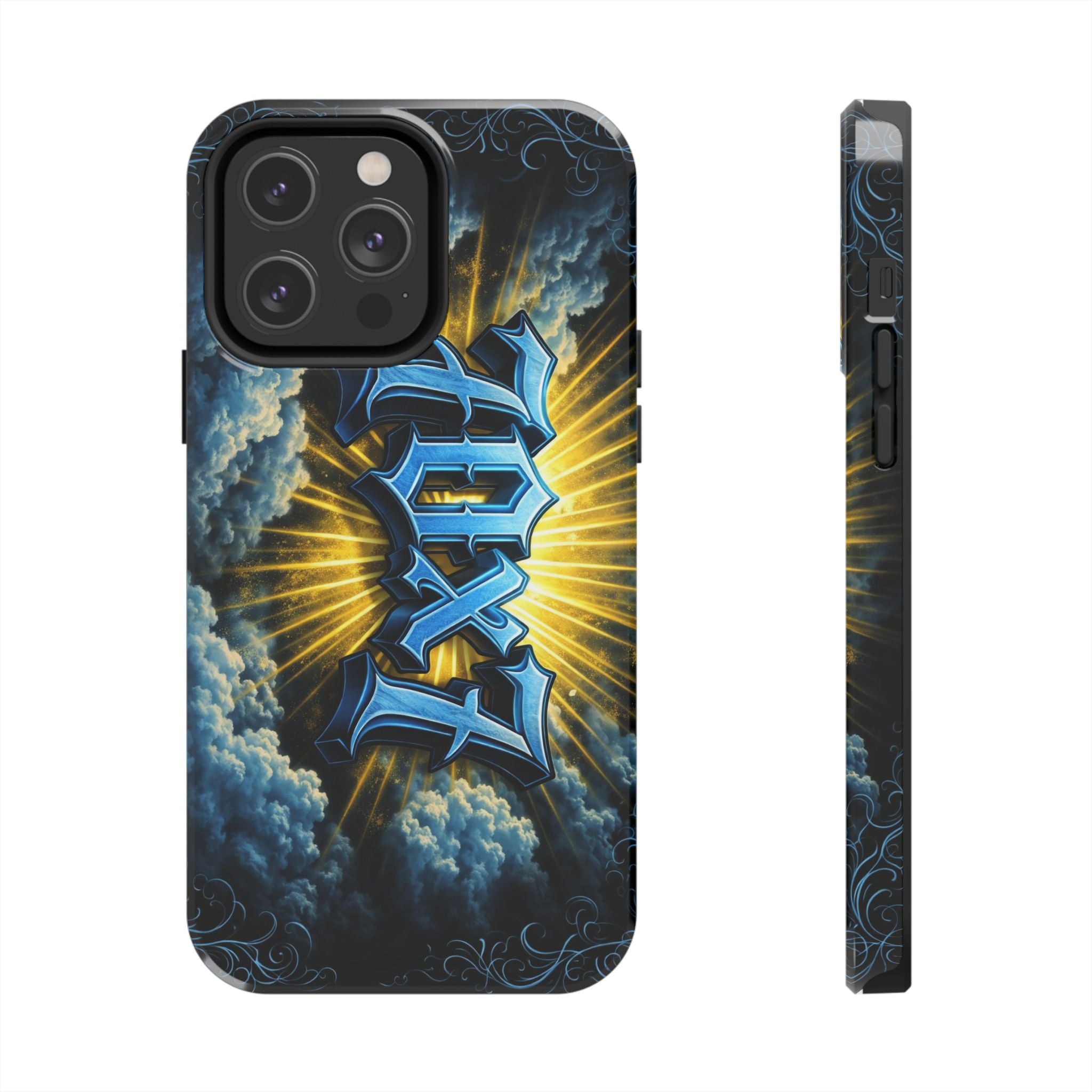 70x7 Streetwear - Tough Phone Case — Bold Blue Graffiti Name with Sunburst Clouds