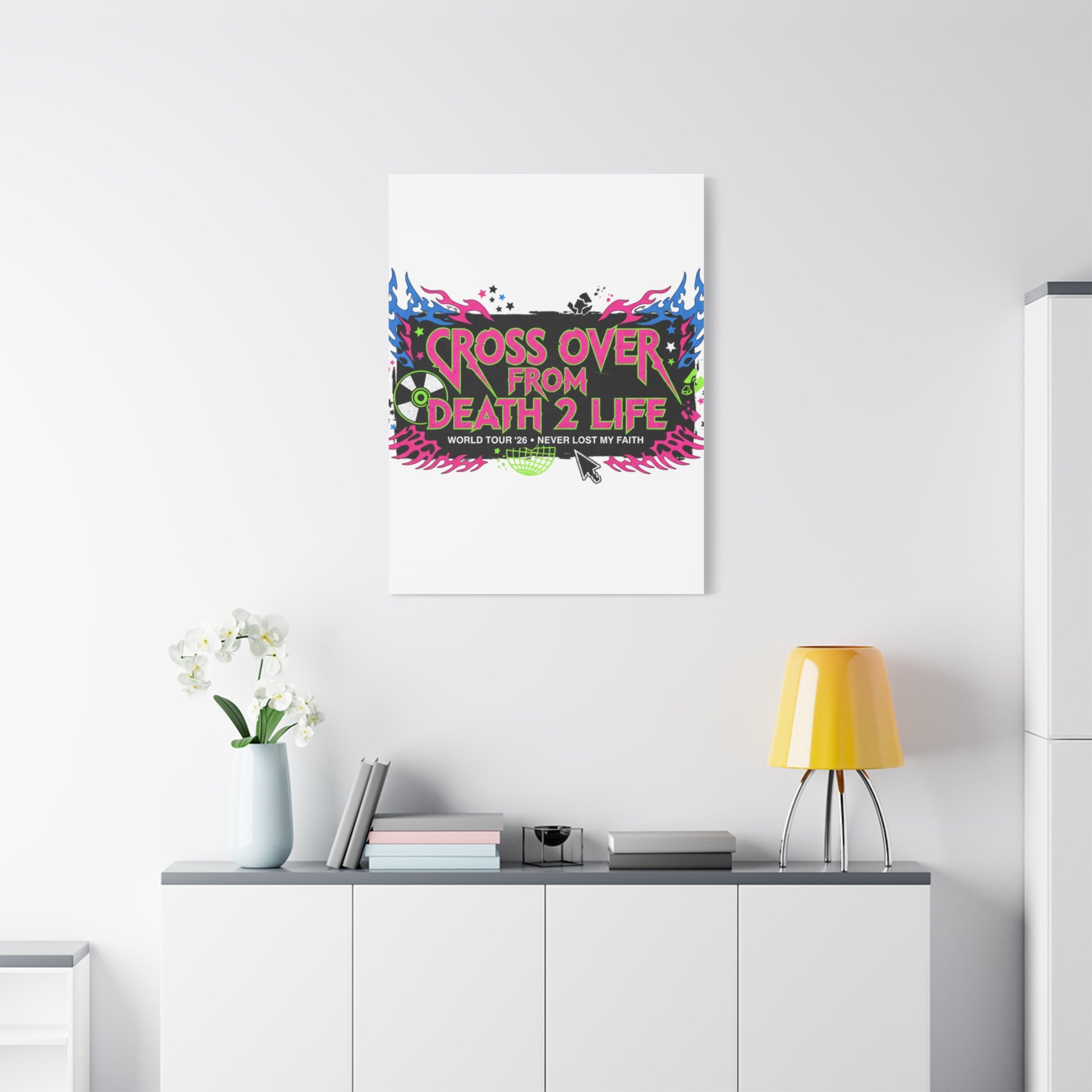 Canvas Wall Art — “Cross Over From Death 2 Life” Neon Rock Poster