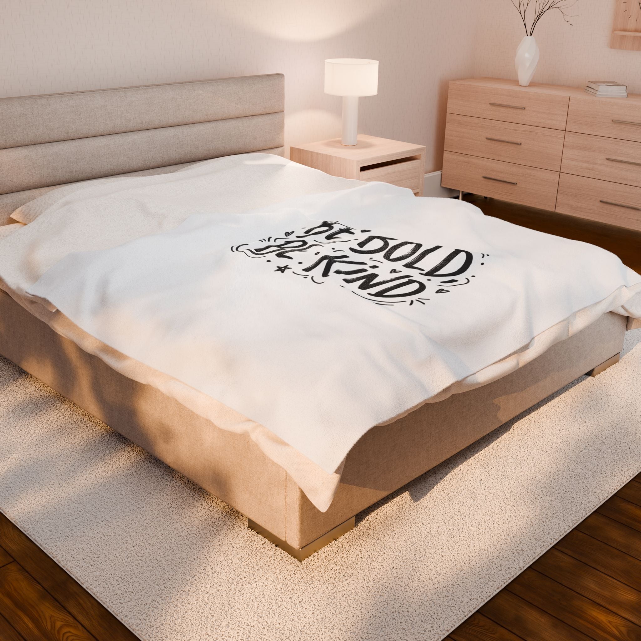 Be Bold Be Kind Velveteen Plush Blanket | Handwritten Marker Brush Script, Cozy Cream
