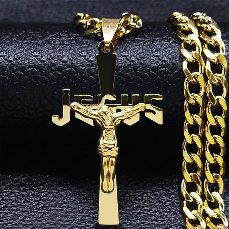 2024 Hip Hop Cross Jesus Stainless Steel Necklace Gold Color Long Crucifix Necklace Women/Men Jewelry Colar De Cruz N6030S05