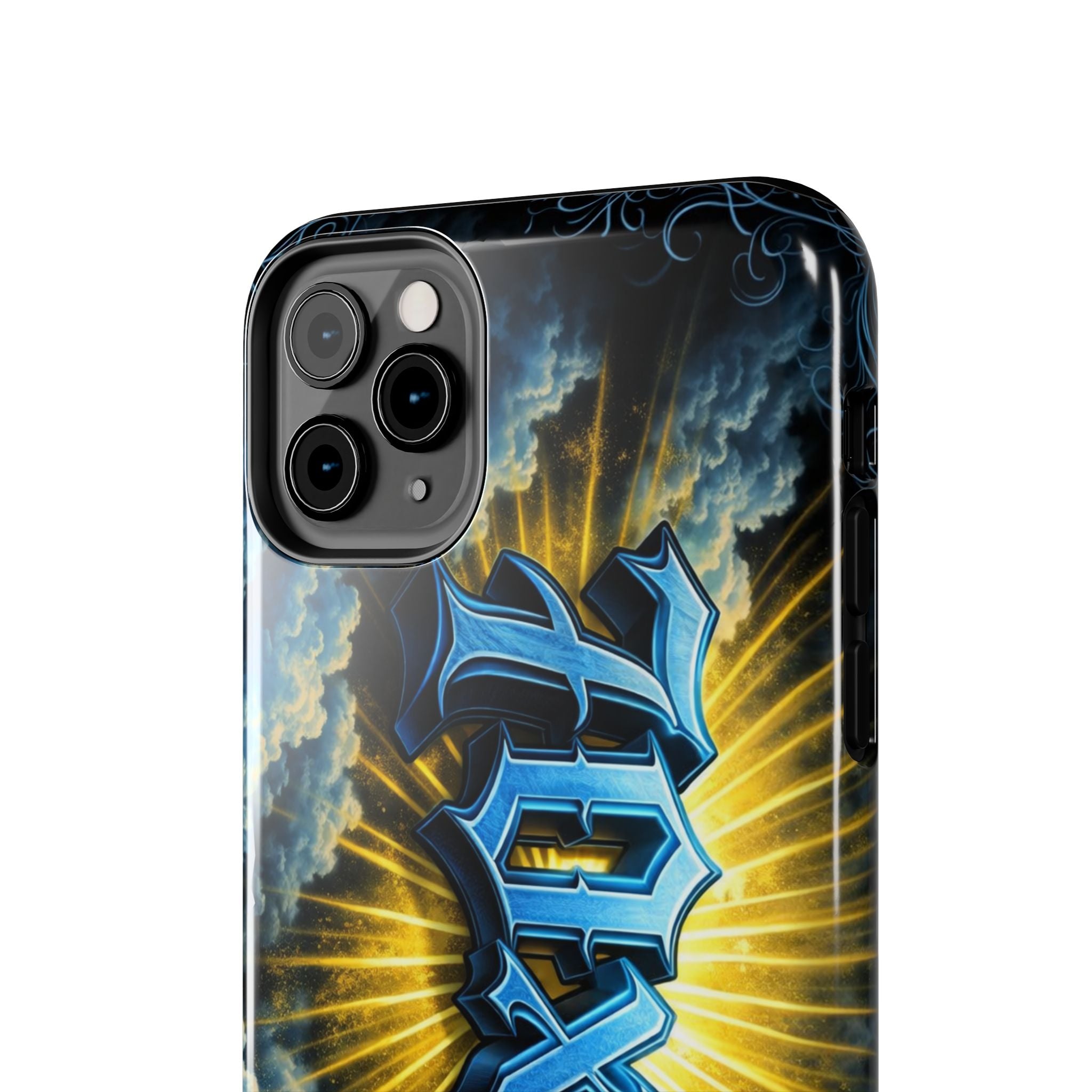 70x7 Streetwear - Tough Phone Case — Bold Blue Graffiti Name with Sunburst Clouds