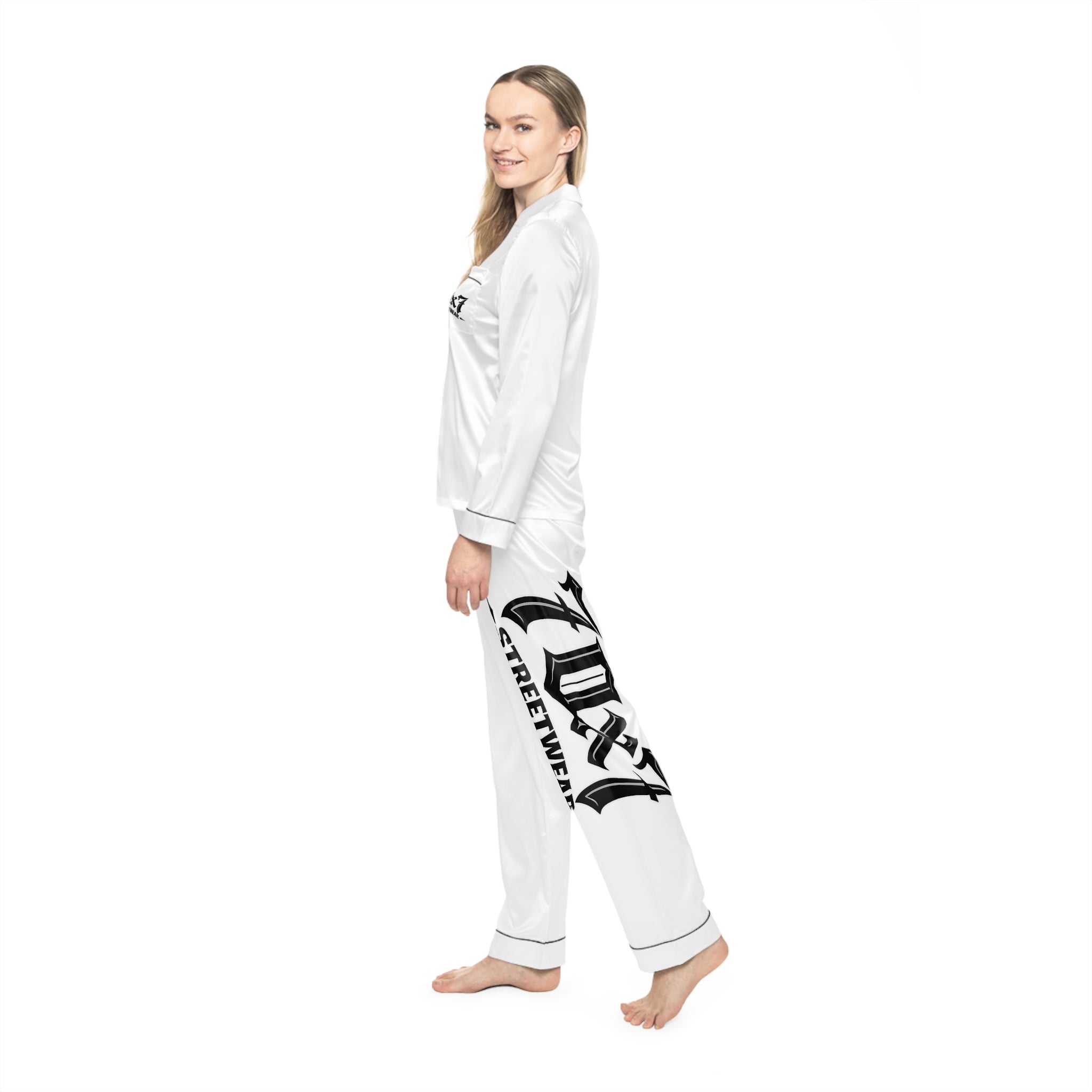 70x7 Streetwear Logo Satin Pajamas — White Lux Streetwear Sleep Set