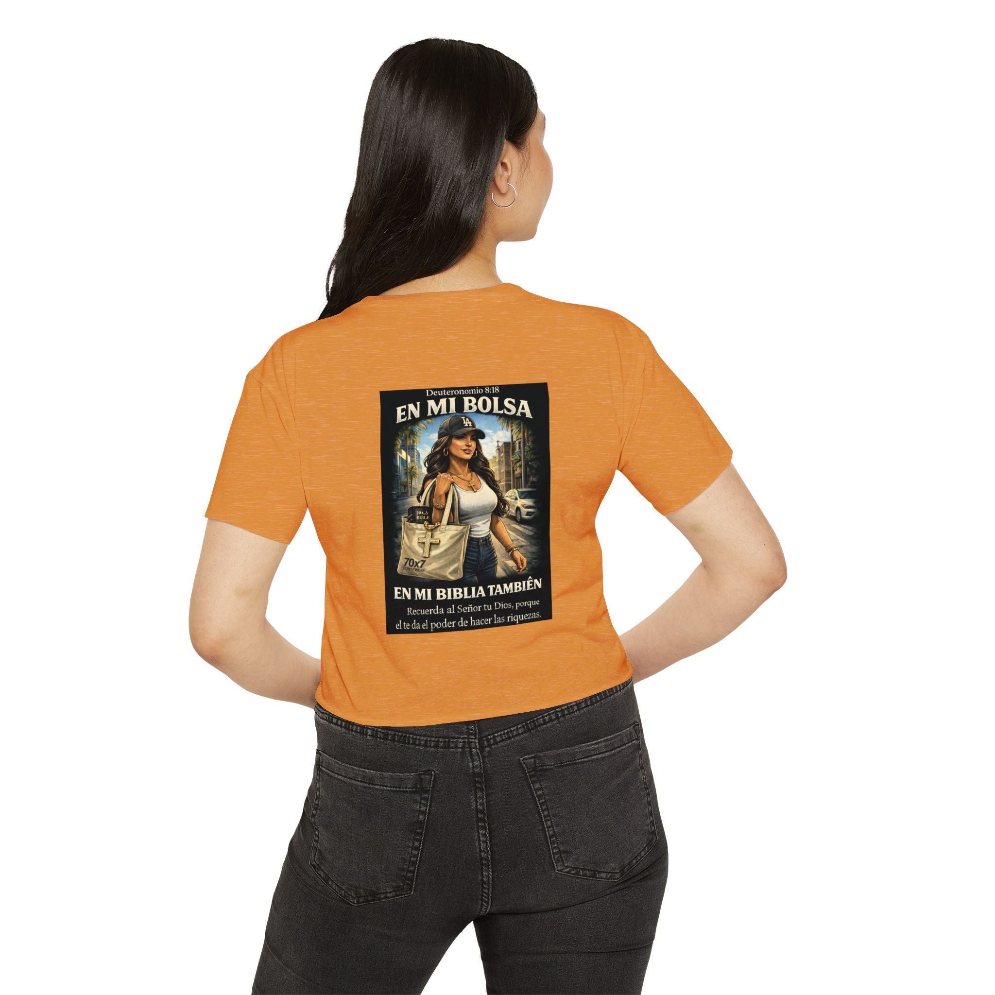 Women's Crop Top — "En Mi Bolsa, En Mi Biblia También" 70 x7 Streetwear Graphic