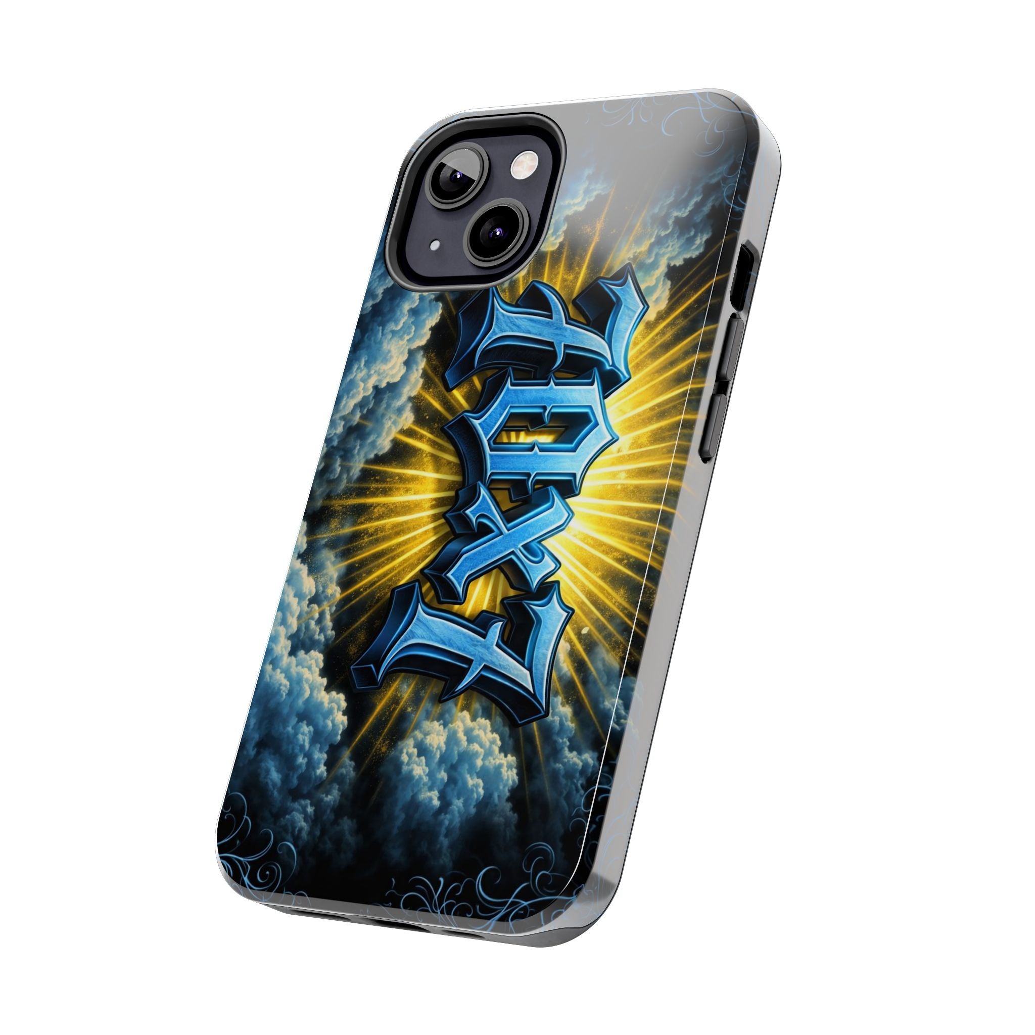 70x7 Streetwear - Tough Phone Case — Bold Blue Graffiti Name with Sunburst Clouds