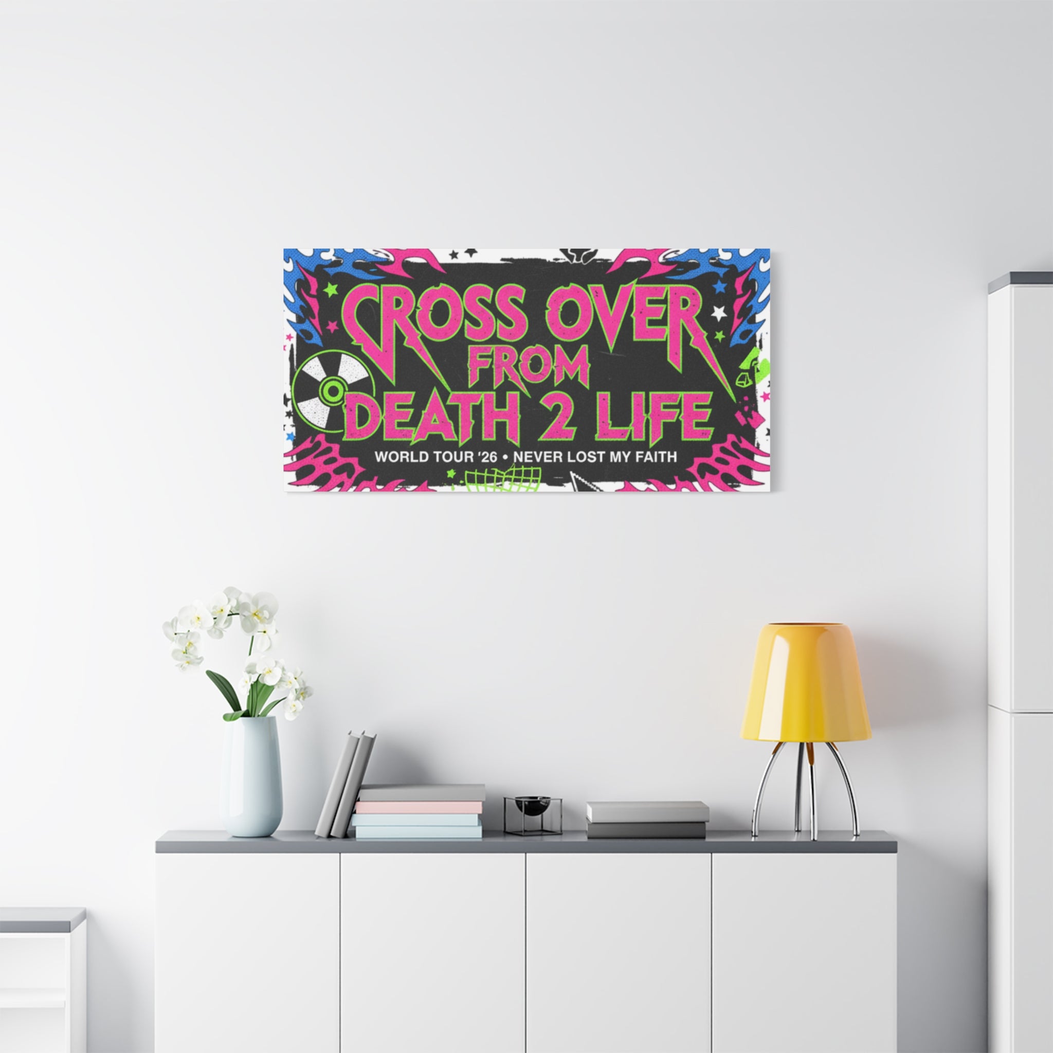 Canvas Wall Art — “Cross Over From Death 2 Life” Neon Rock Poster