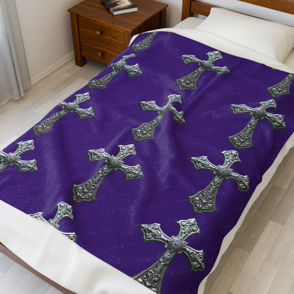 Velveteen Plush Blanket — Gothic Silver Cross Pattern on Purple