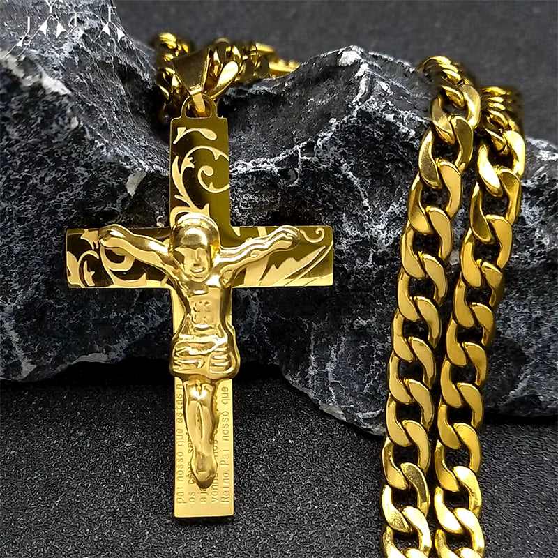 2024 Hip Hop Cross Jesus Stainless Steel Necklace Gold Color Long Crucifix Necklace Women/Men Jewelry Colar De Cruz N6030S05