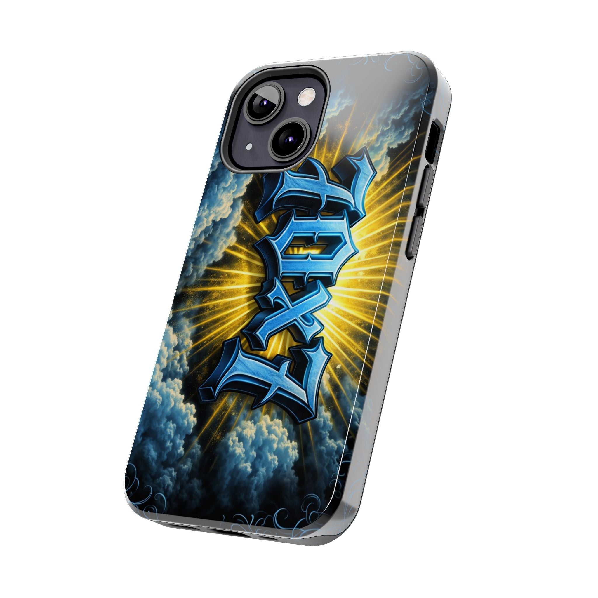 70x7 Streetwear - Tough Phone Case — Bold Blue Graffiti Name with Sunburst Clouds