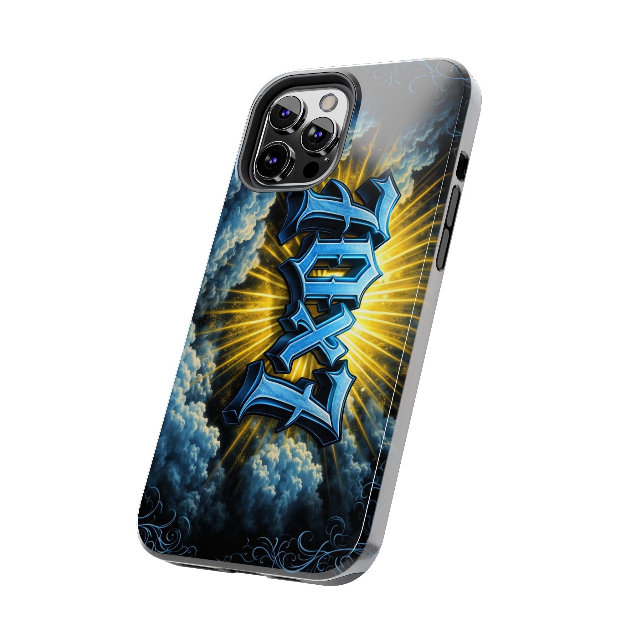 70x7 Streetwear - Tough Phone Case — Bold Blue Graffiti Name with Sunburst Clouds