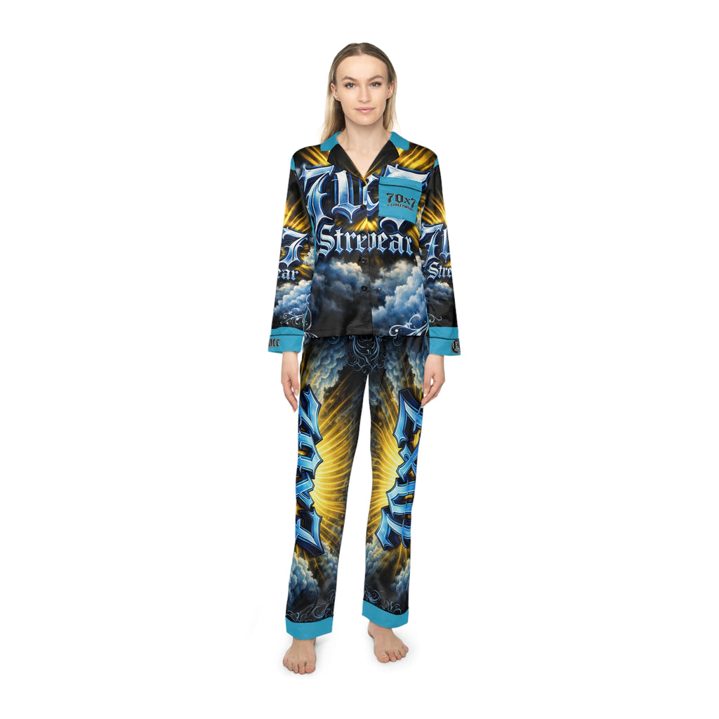Satin Pajamas — Blue & Gold 'Streetwear' Graphic Sleep Set