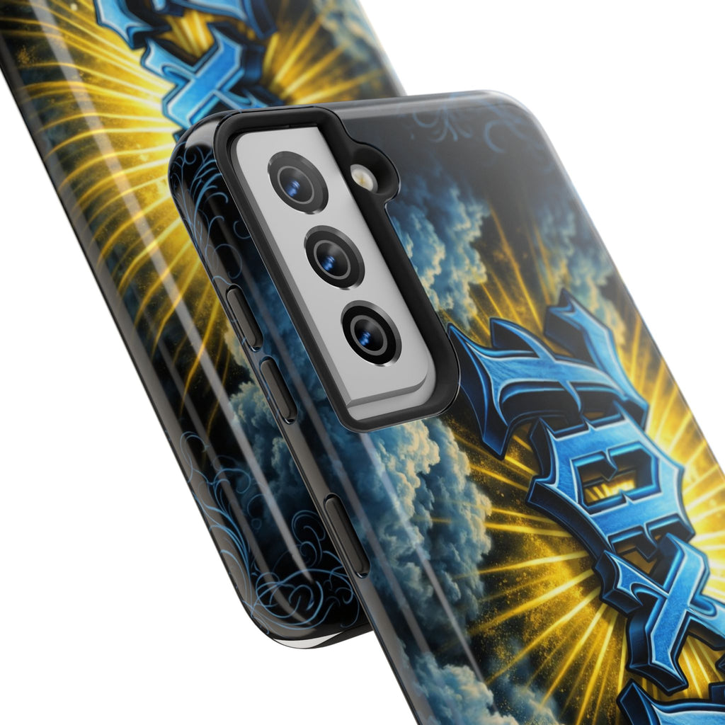 70x7 Streetwear - Tough Phone Case — Bold Blue Graffiti Name with Sunburst Clouds