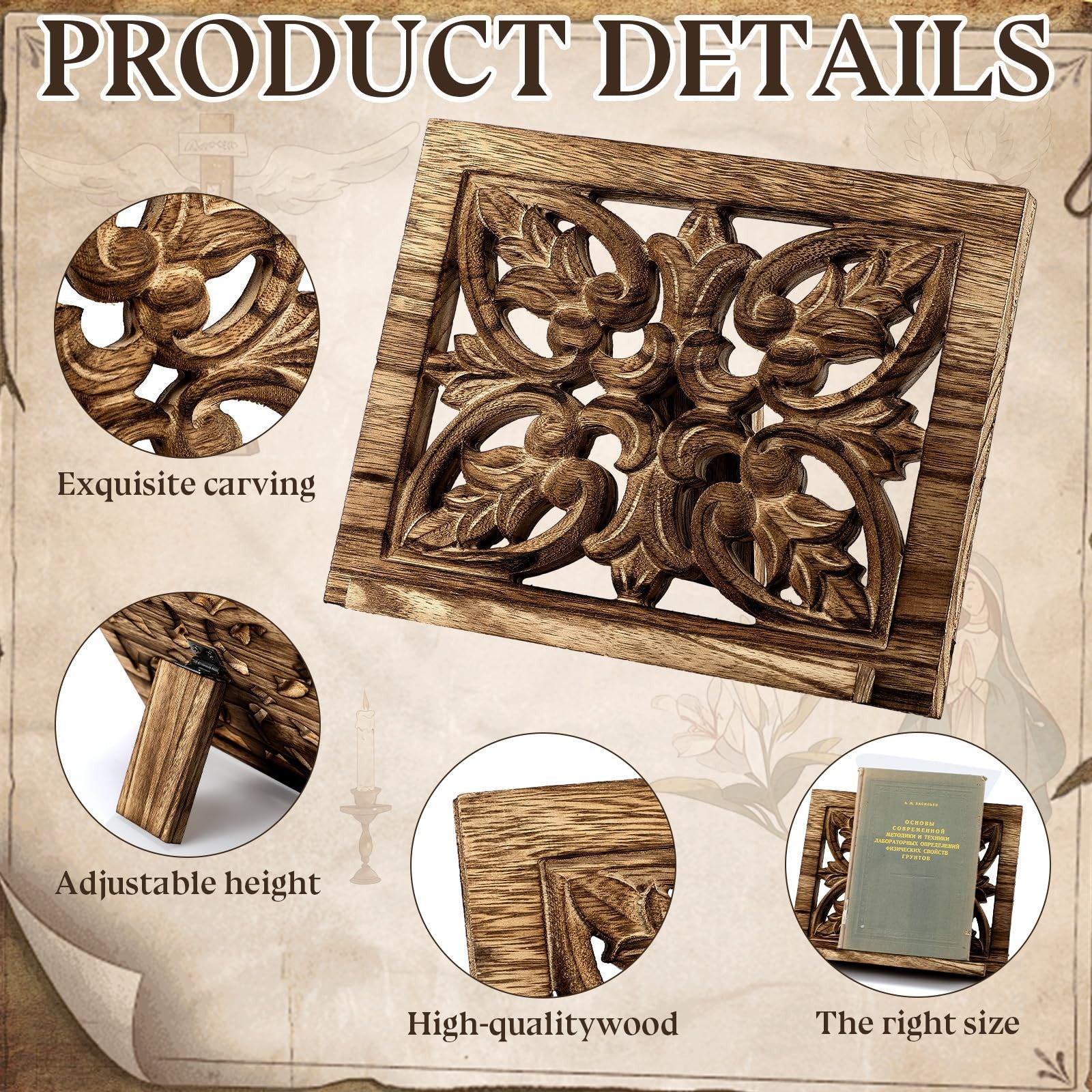 Ornate Wood Carved Bible or Missal Stand 10 X 8 Inch Catholic Church Book Hol...