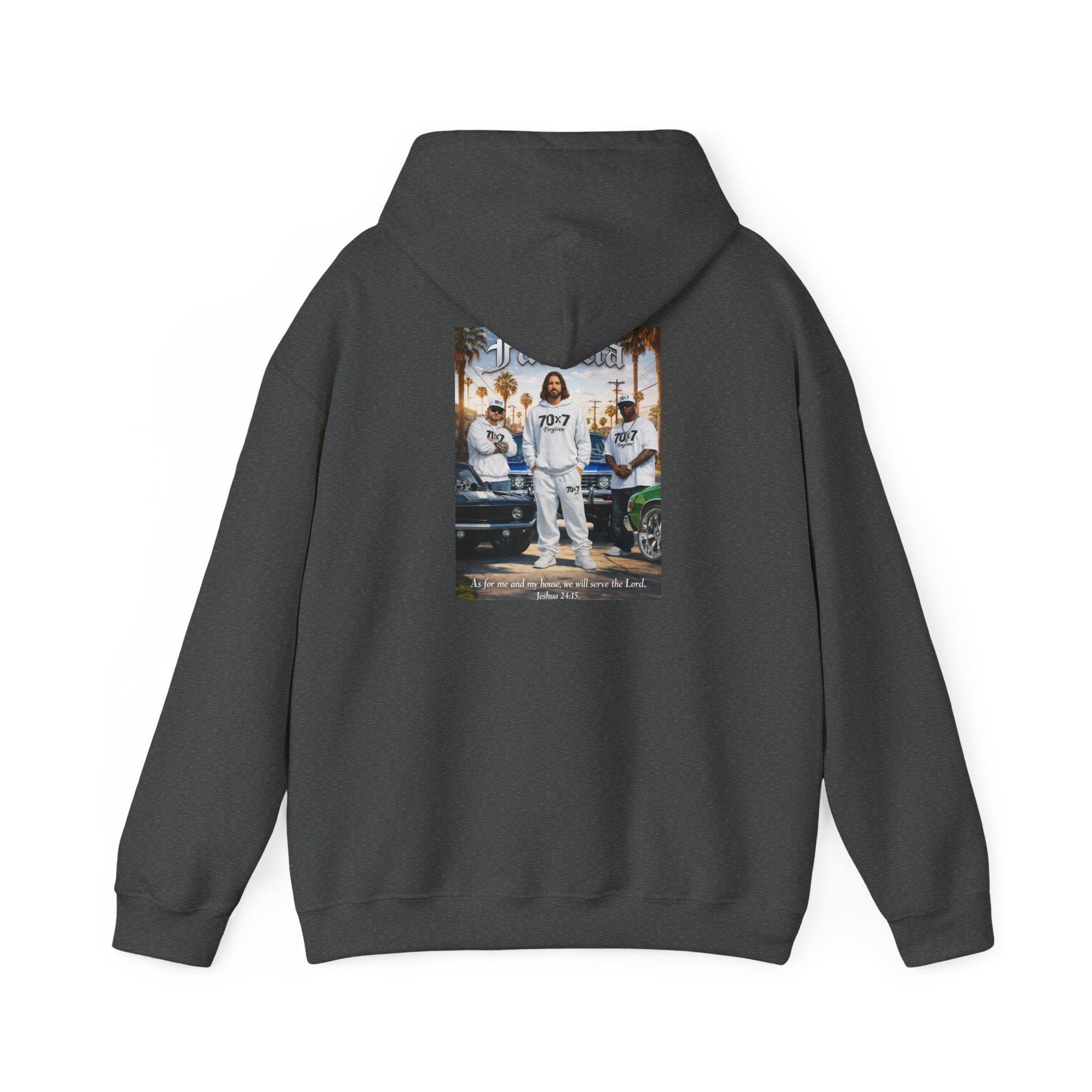 70x7 Streetwear Familia Hoodie — Graphic White Pullover with Back Album-Style Print