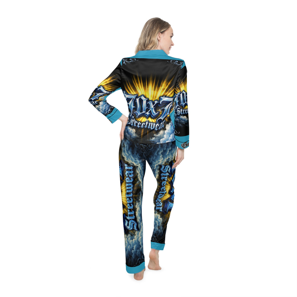 Satin Pajamas — Blue & Gold 'Streetwear' Graphic Sleep Set