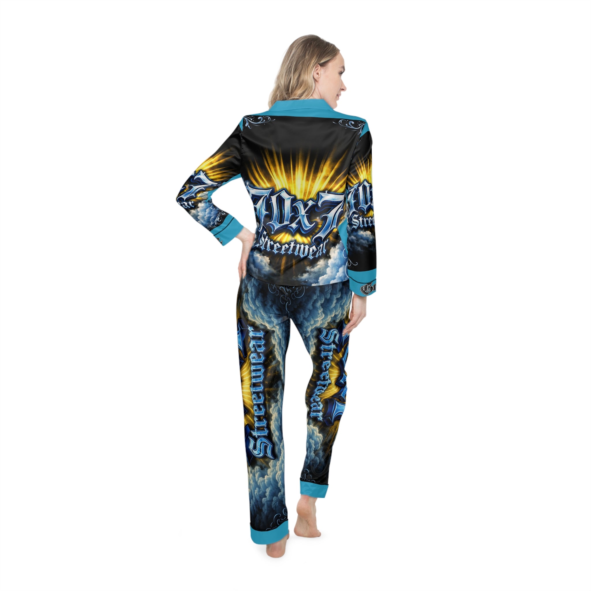Satin Pajamas — Blue & Gold 'Streetwear' Graphic Sleep Set