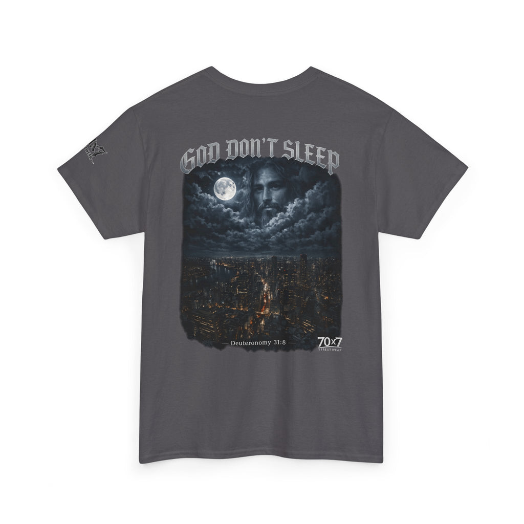 70x7 Streetwear - God Don't Sleep Graphic Tee — Night Cityscape Streetwear