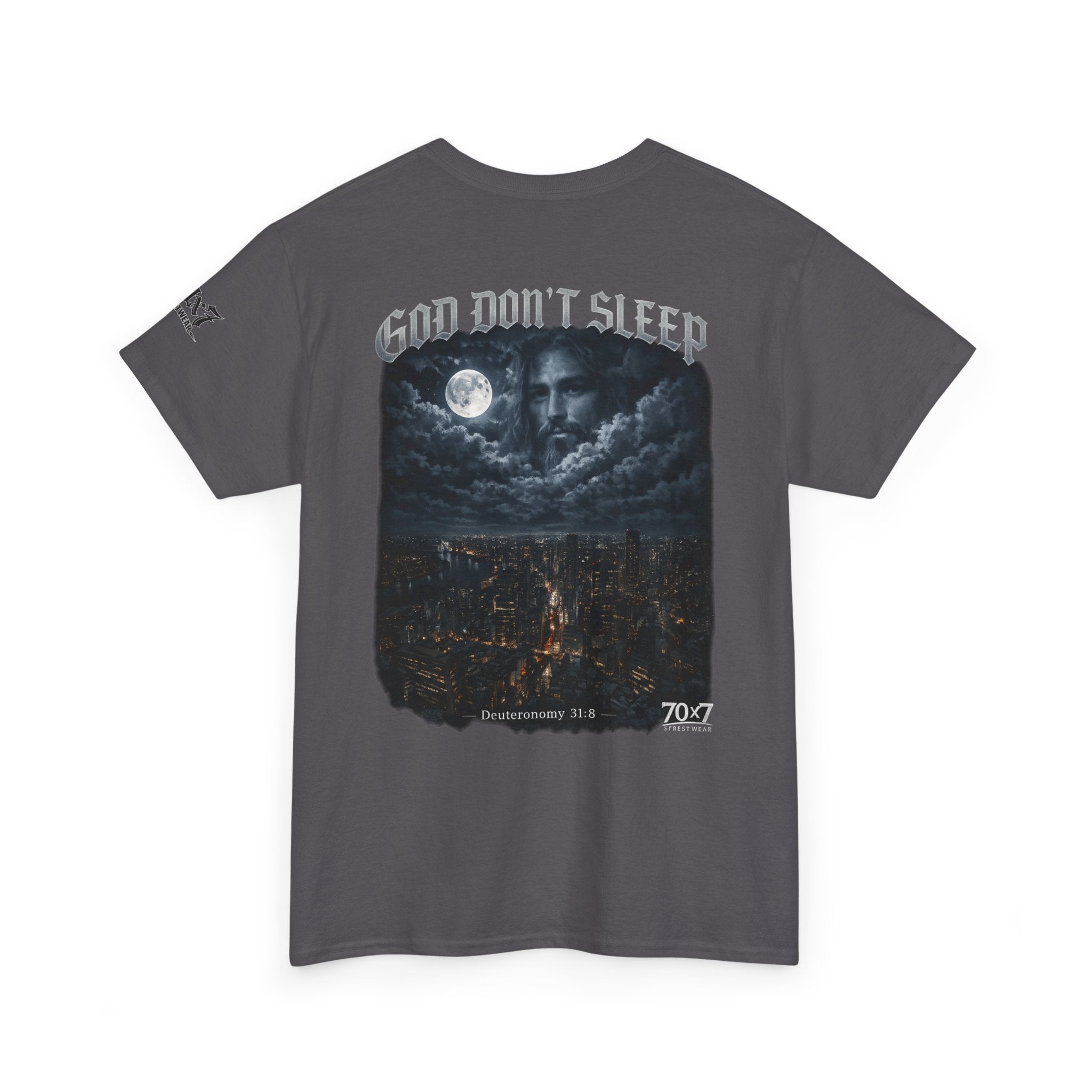 70x7 Streetwear - God Don't Sleep Graphic Tee — Night Cityscape Streetwear